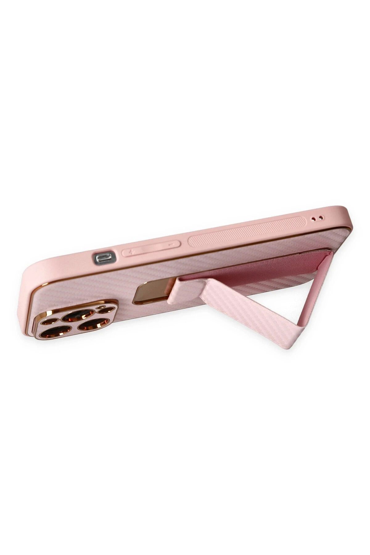 NewFace iPhone 13 Pro Kılıf Coco Karbon Standlı Kapak - Pembe GLSTD