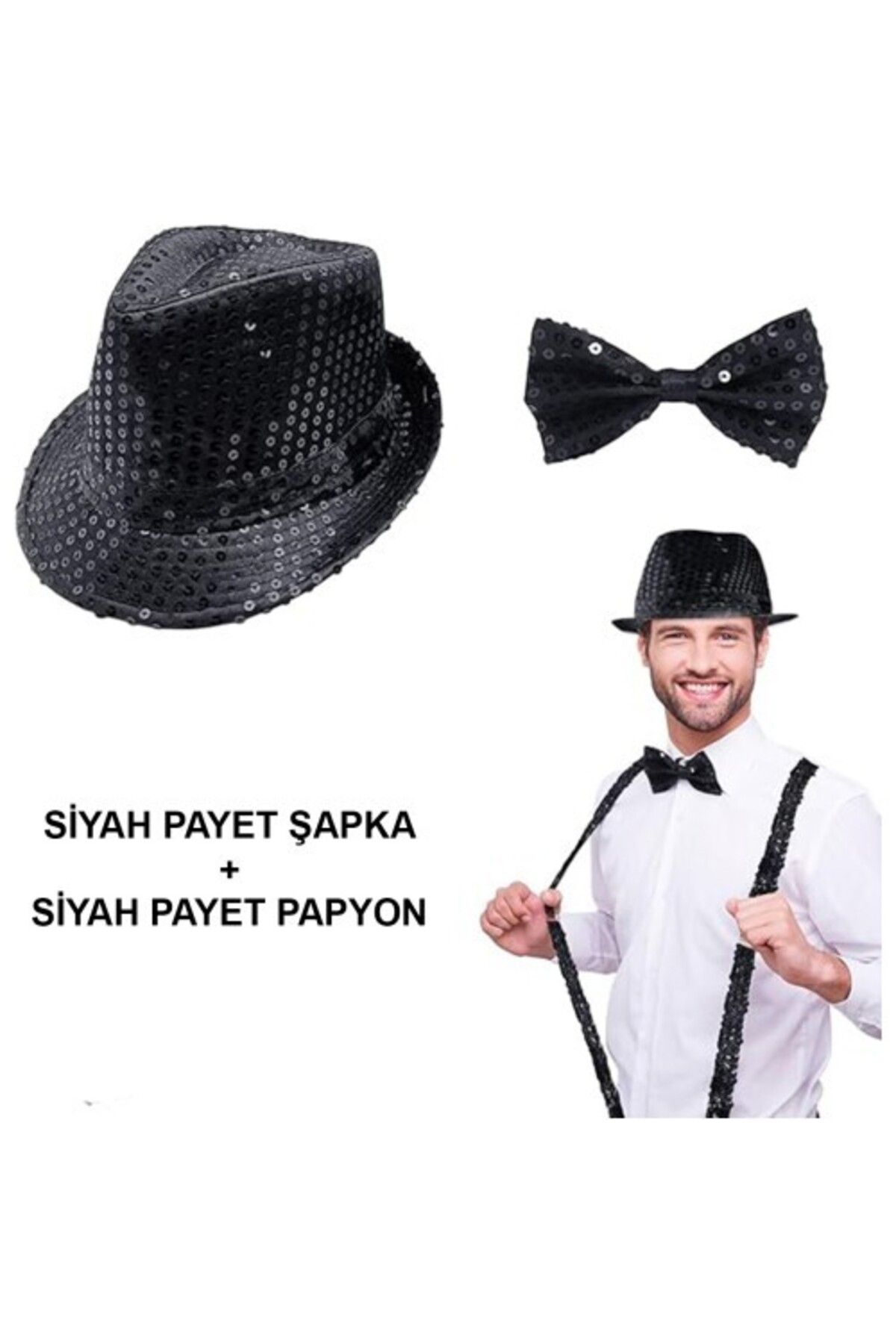 Otocub Siyah Payetli Şapka ve Papyon Seti – Parıltılı Yetişkin Kostüm Seti