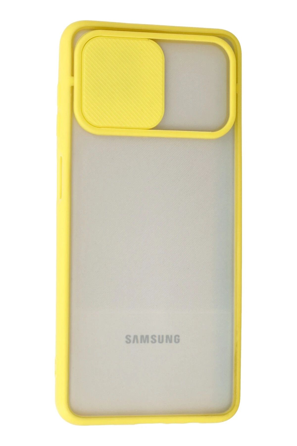 NewFace Samsung Galaxy A12 Kılıf Palm Buzlu Kamera Sürgülü Silikon - Sarı SVLRS