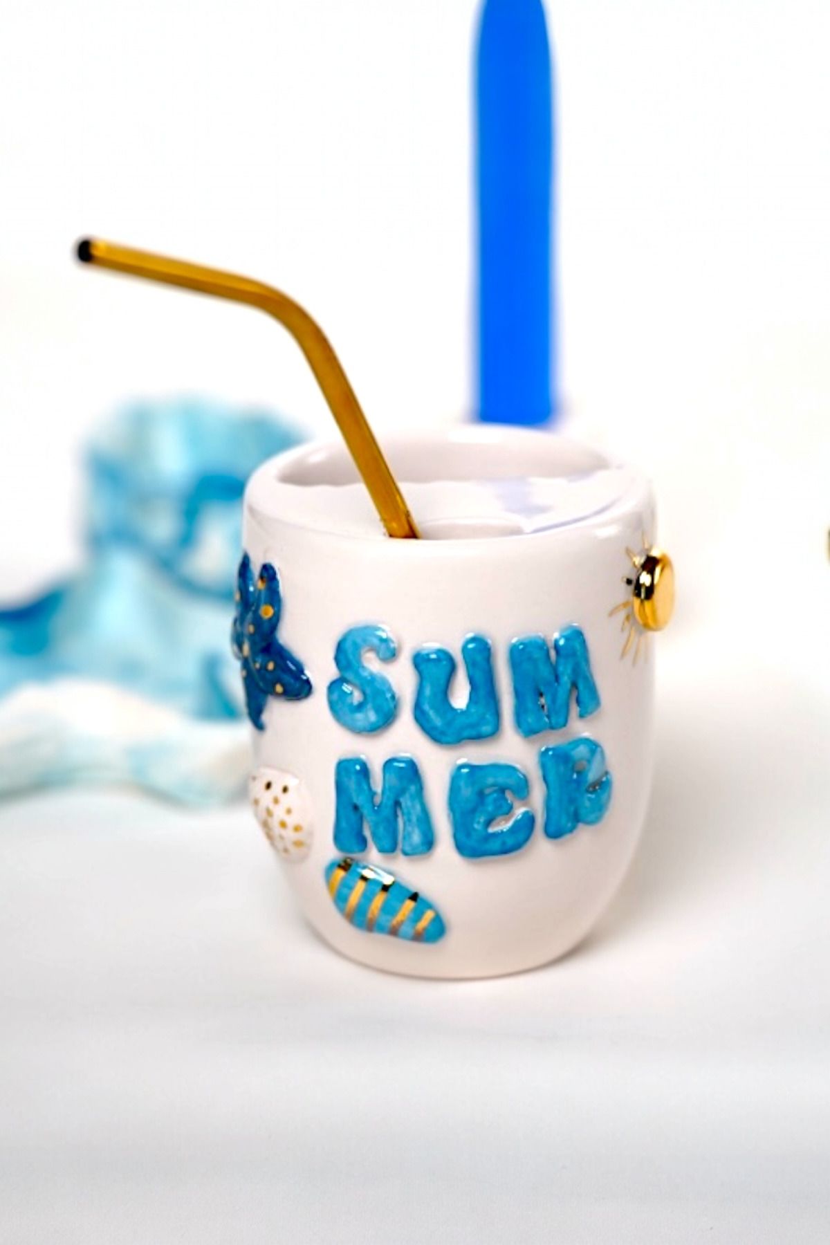EL YAPIMI 24k Altın Süslemeli Summer Desenli Termos Mug Seyahat Mug