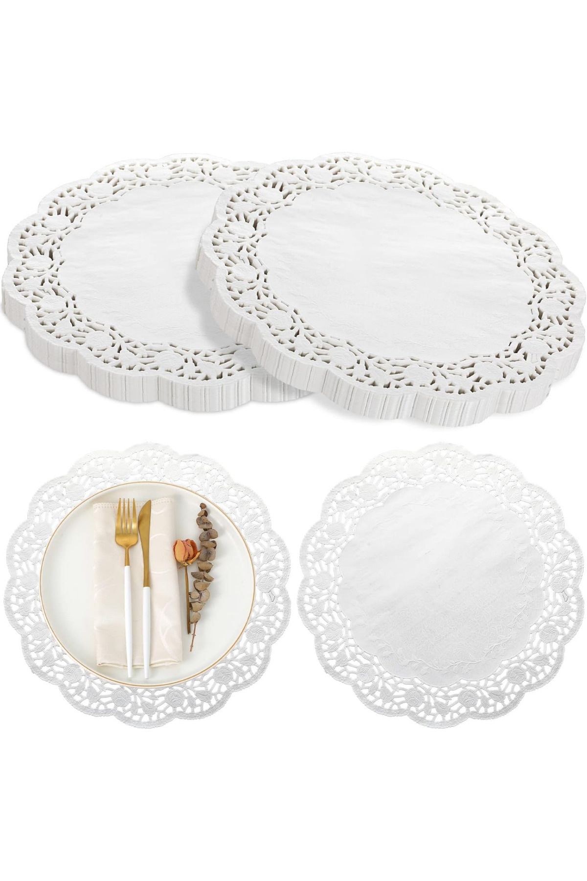 Dekals 50 ADET Yuvarlak Dantel Kağıt Pasta Tabak Altlığı 26 cm Sunumluk