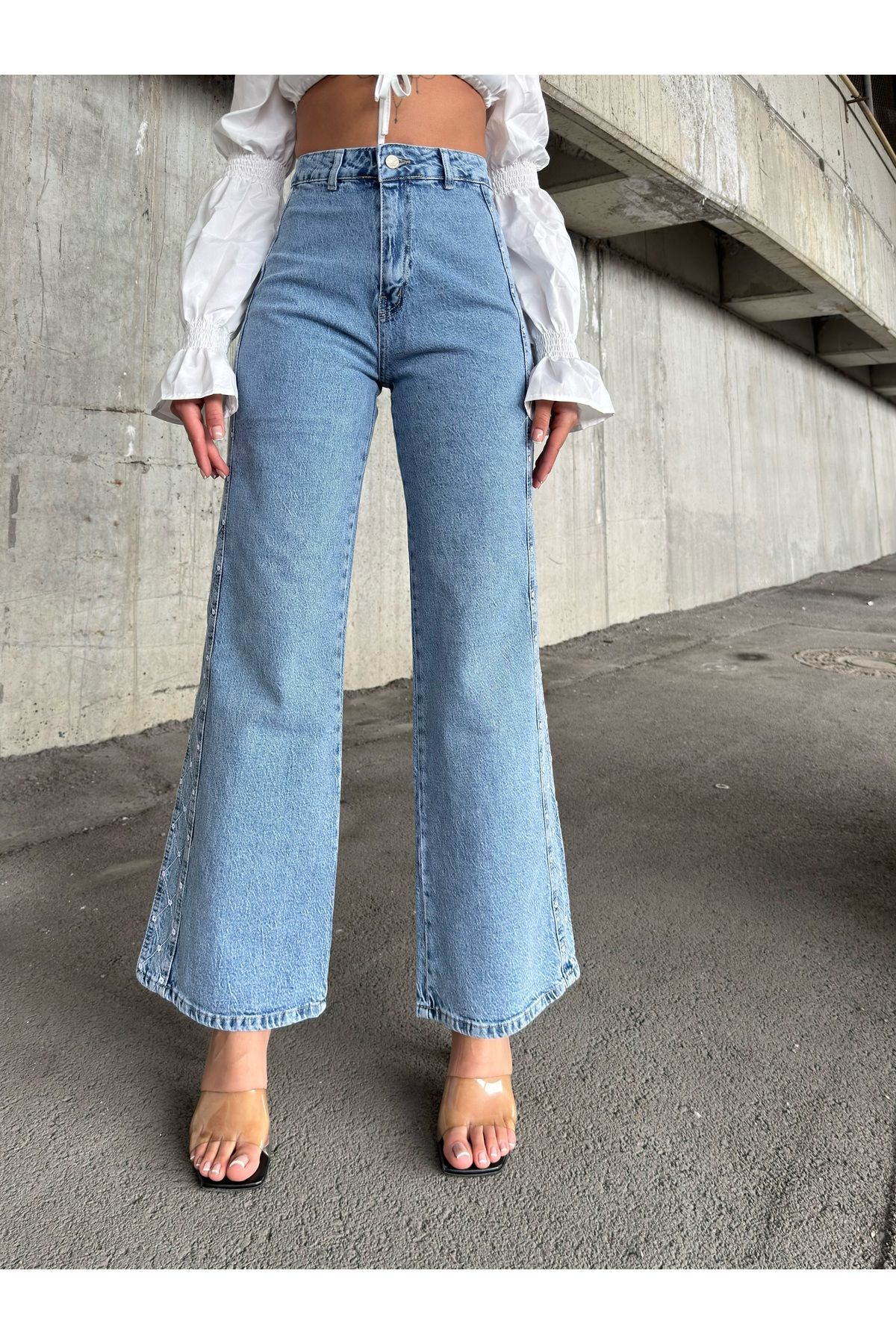 Miele Woman Kadın Açık Mavi Nakışlı Likralı Bol Paça Palazzo Salaş Jeans