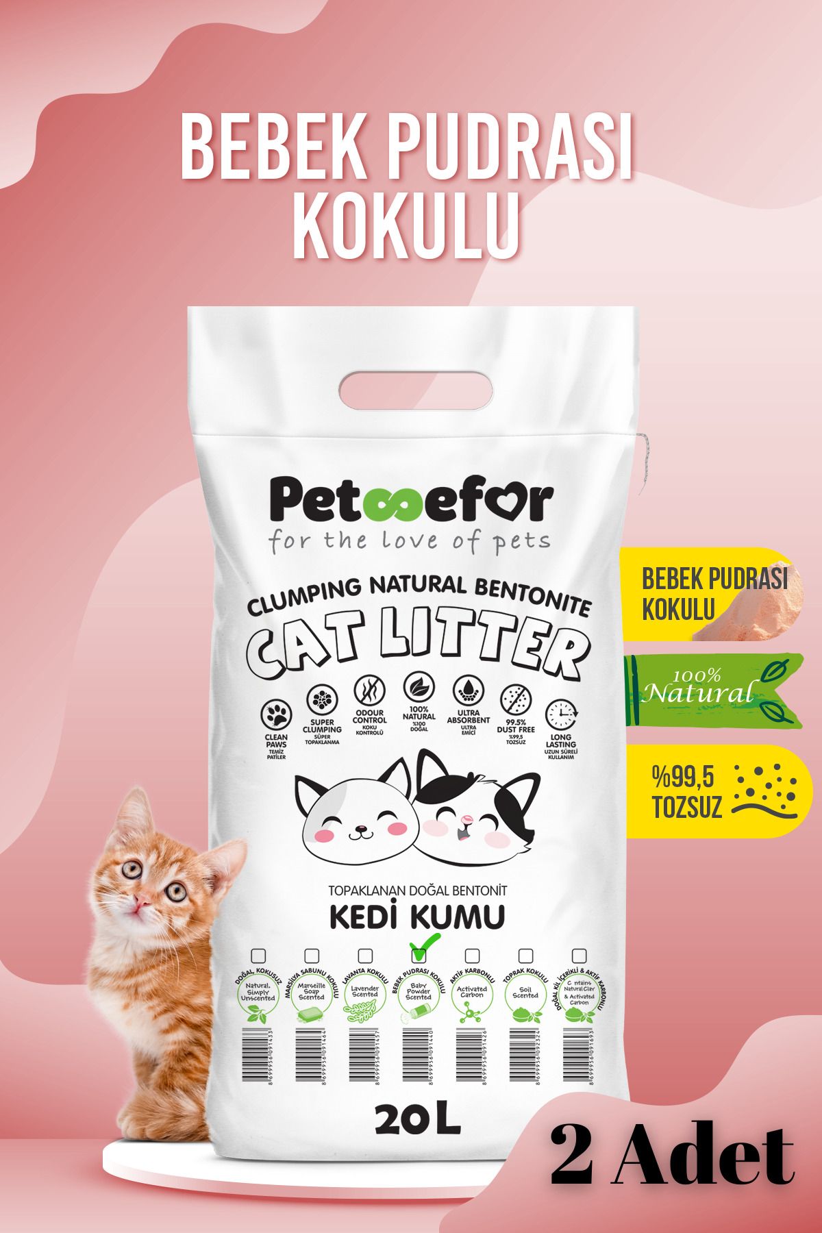 Petefor 20 LT Bebek Pudralı Kedi Kumu X2 Adet