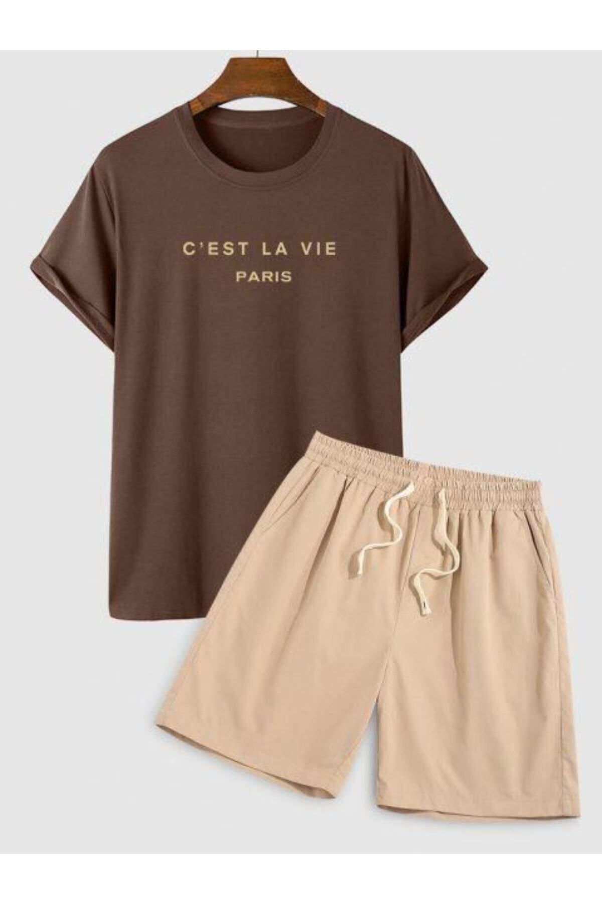 GIANTSTORE Erkek Bej C'est La Vıe Baskılı Şort Takım