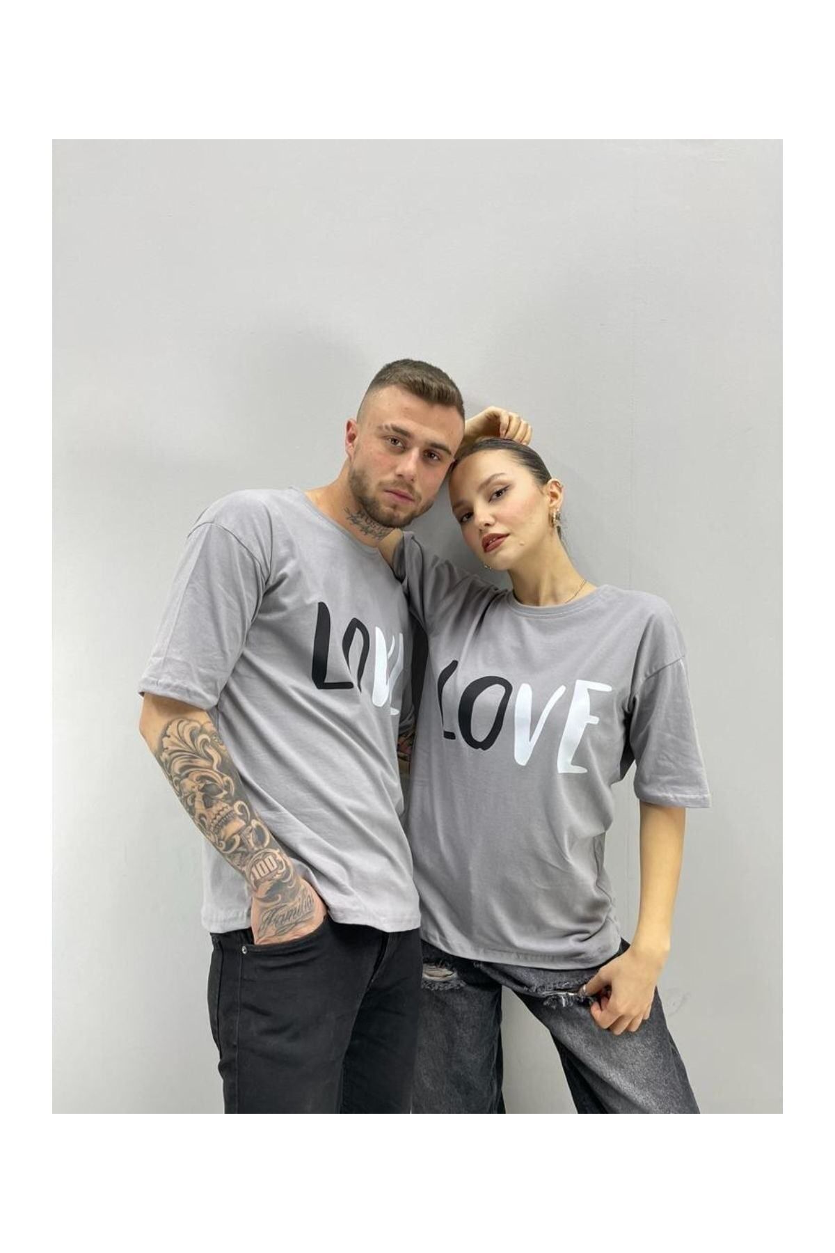 GIANTSTORE Unisex Tshirt Gri Love Baskılı Sevgili Çift Kombini 2 'li Set