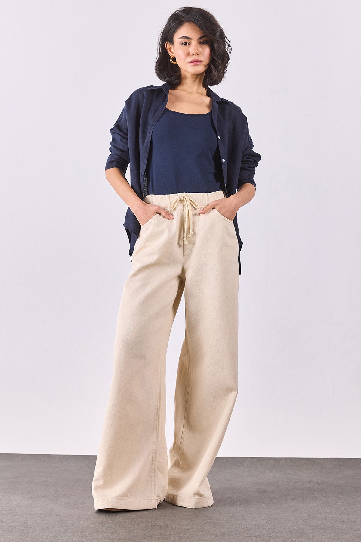 VENA Beli Lastikli Geniş Paça Pantolon(TENCEL)(TM) - OFF WHITE