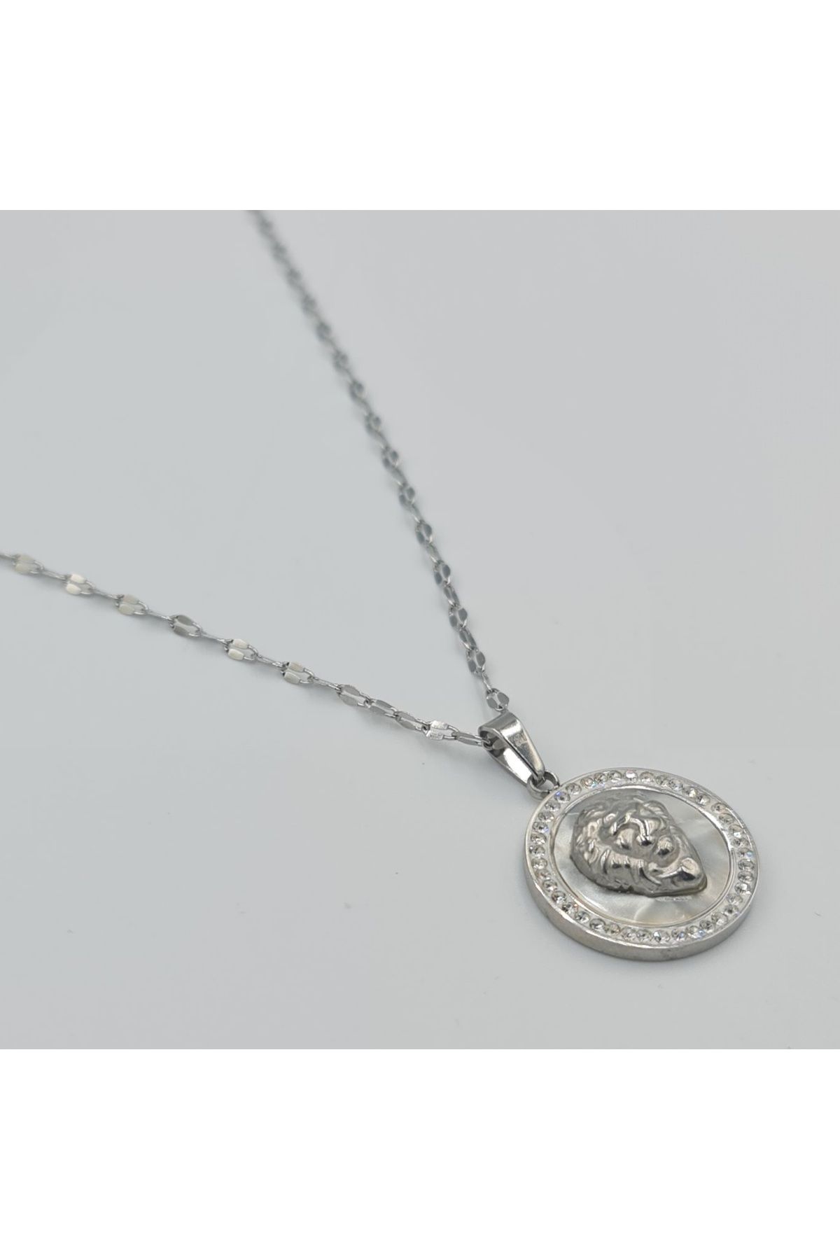 SE Jewellery Collection Selin Ersoy Gümüş Renk Çelik Aslan Figürlü Taş Detaylı Kolye - Kararmaz