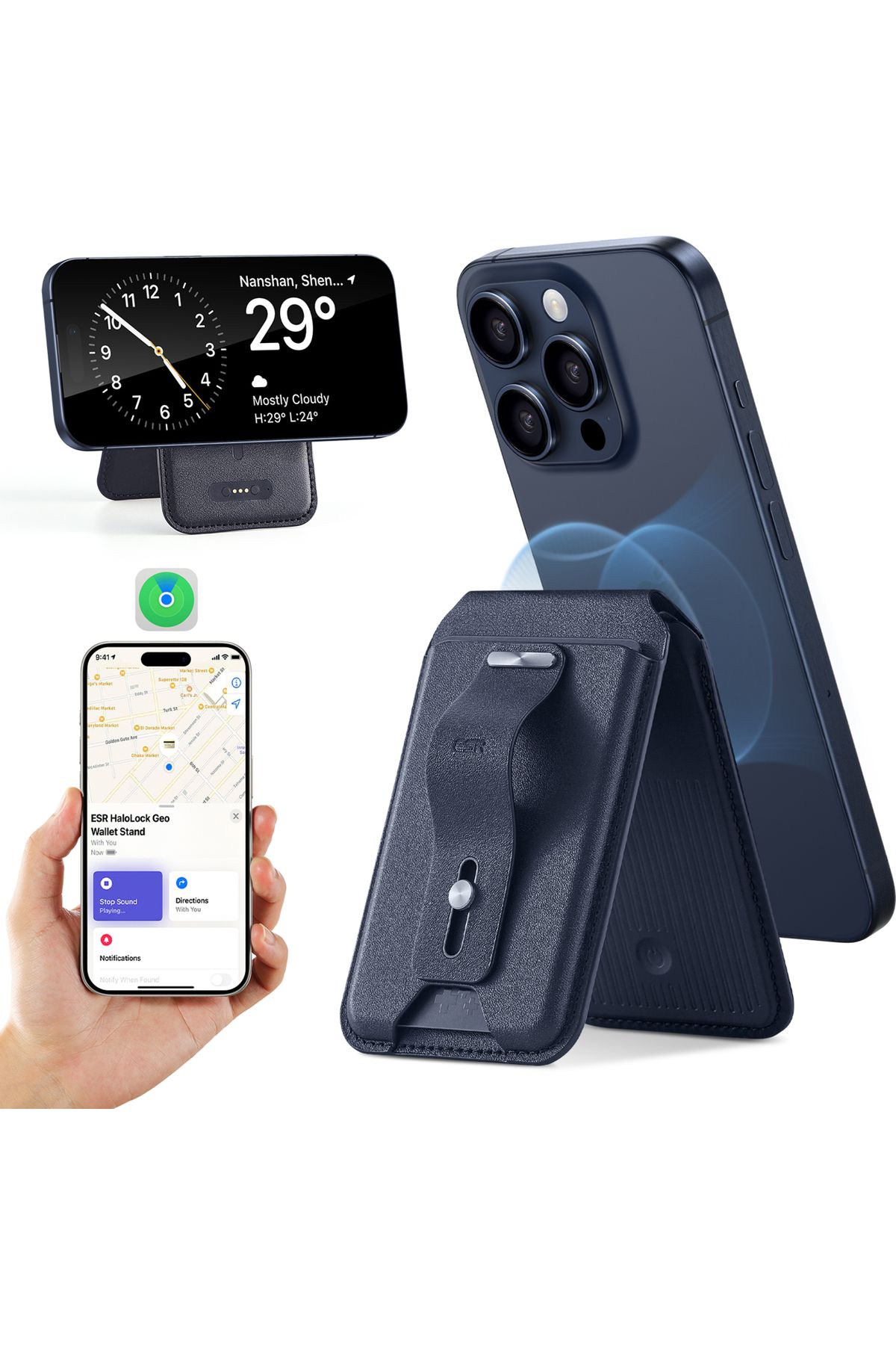 ESR İPhone Uyumlu Magsafe Standlı Cüzdan Halolock™ Geo Find My Lisanslı Wallet - Mavi