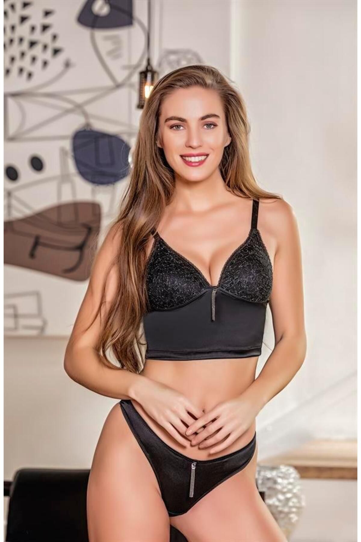 Shop58 Simli Bralet Ve String Takım Siyah (Hediye Çantam31562)