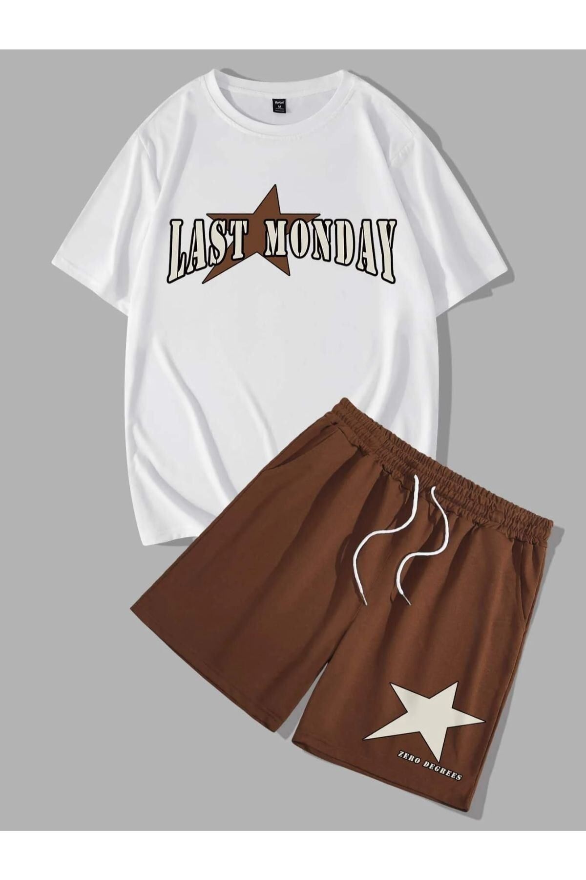 GIANTSTORE Unisex Kahverengi Last Monday Baskılı Şort Takım