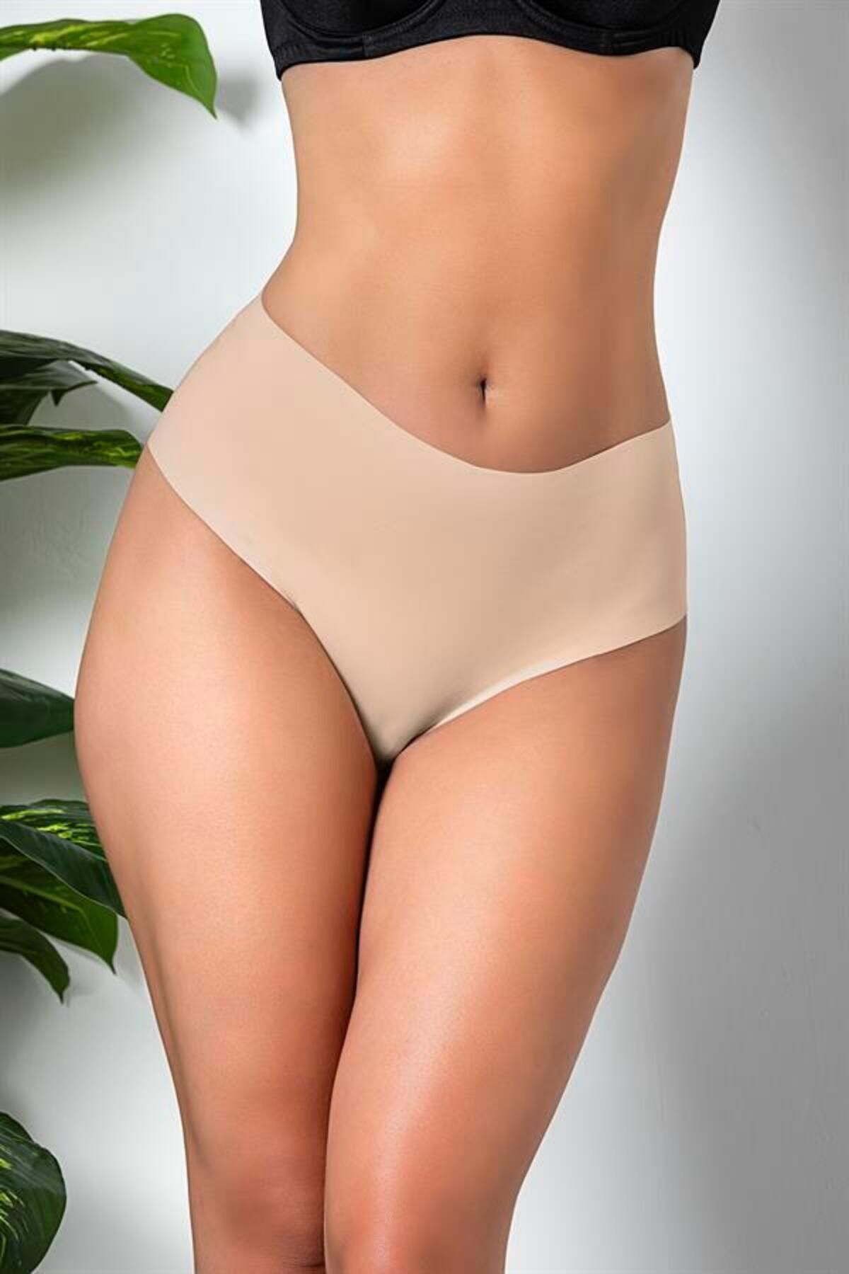 Shop58 3'lü Paket Dikişsiz, İz Yapmaz, Lazer Kesim, Yüksek Bel Slip Külot Cappucino (Hediye Çantam21263)