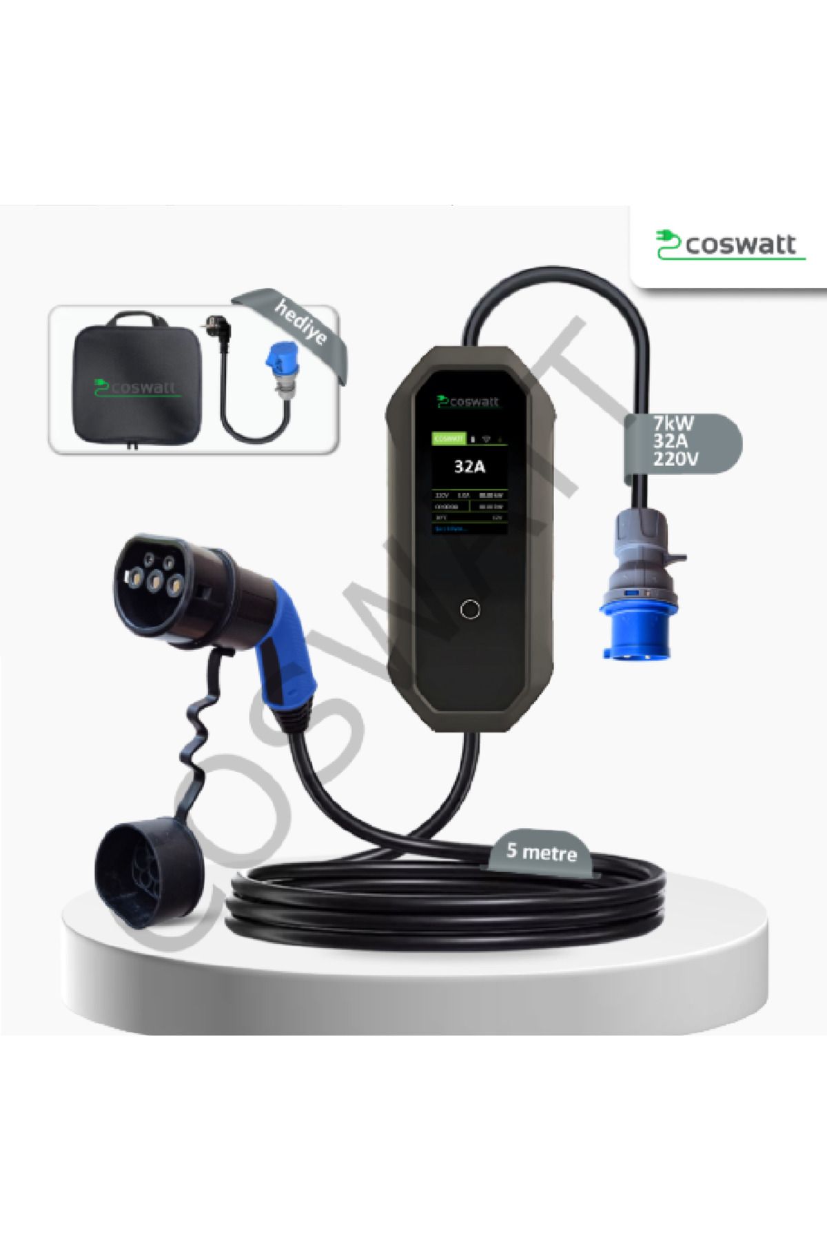 Mayuk Dizayn Coswatt 7KW Elektrikli Araç Taşınabilir Şarj Istasyonu 32A TürkçeMenü Çantave 220VDönüştürücüHediye