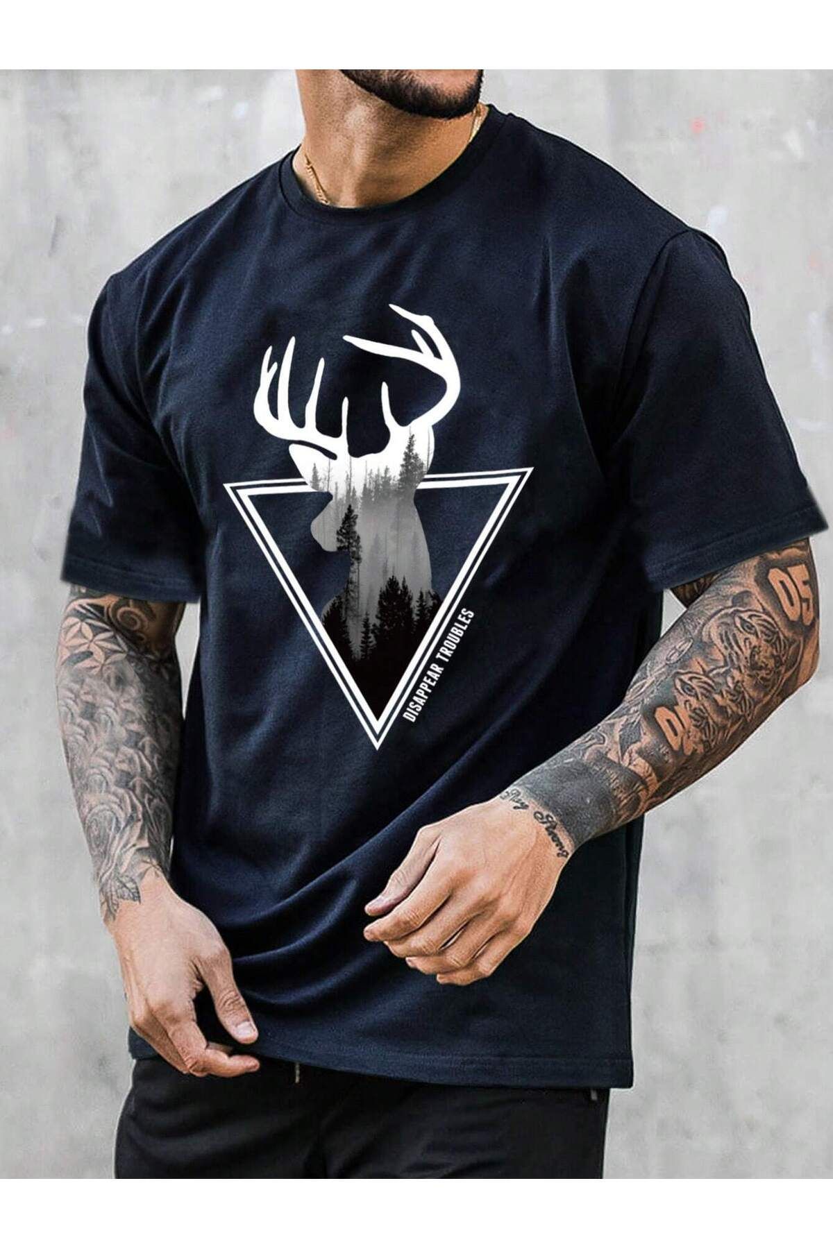 GIANTSTORE Erkek Geyik Baskılı Oversize Lacivert Tshirt