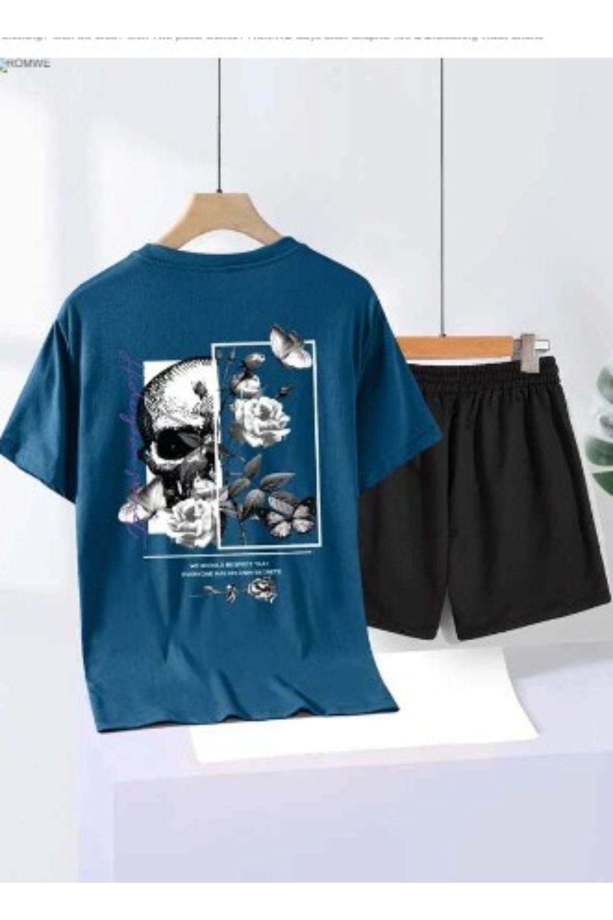 GIANTSTORE Erkek Mavi Kurukafa Baskılı Şort Takım