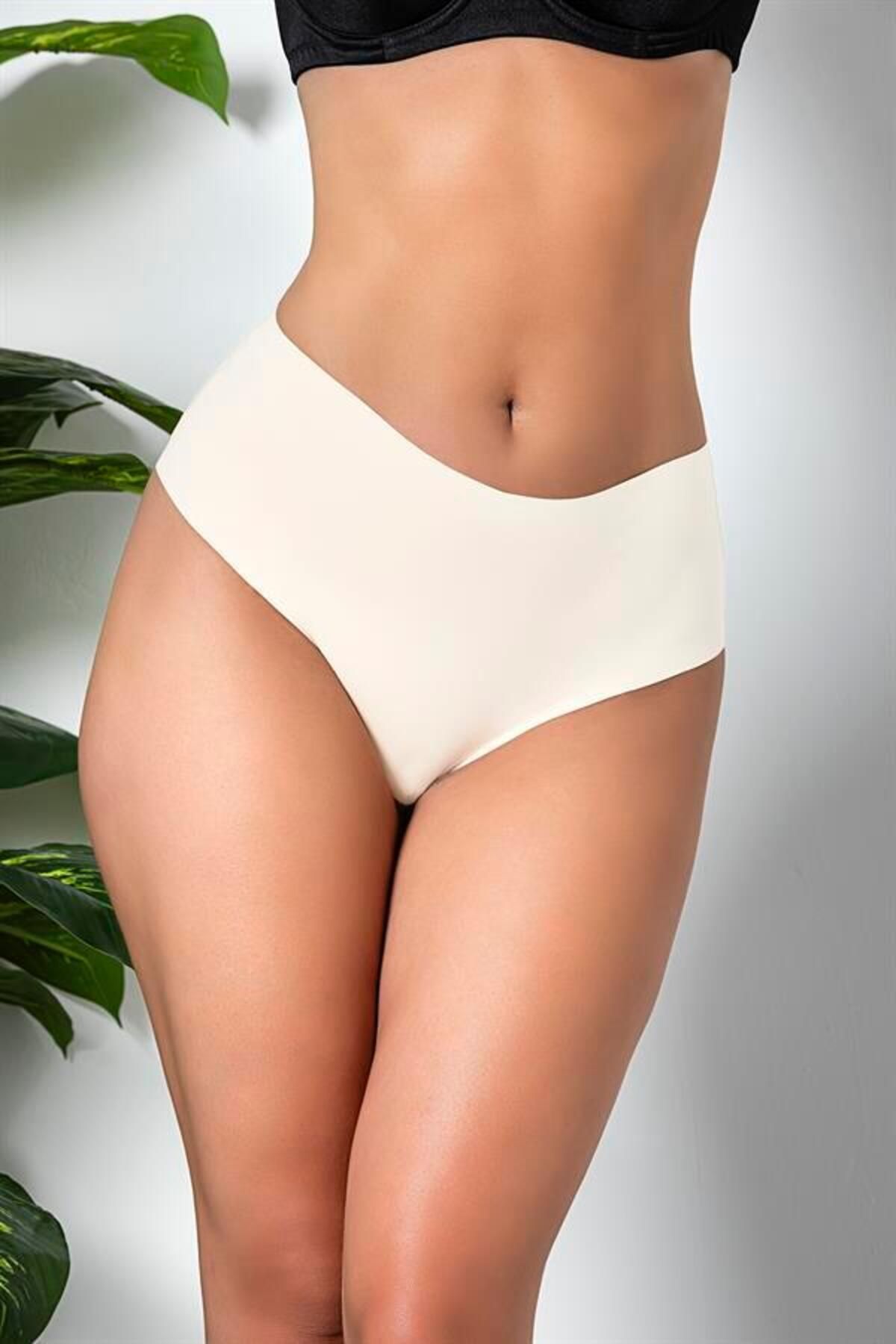 Shop58 3'lü Paket Dikişsiz, İz Yapmaz, Lazer Kesim, Yüksek Bel Slip Külot Ekru