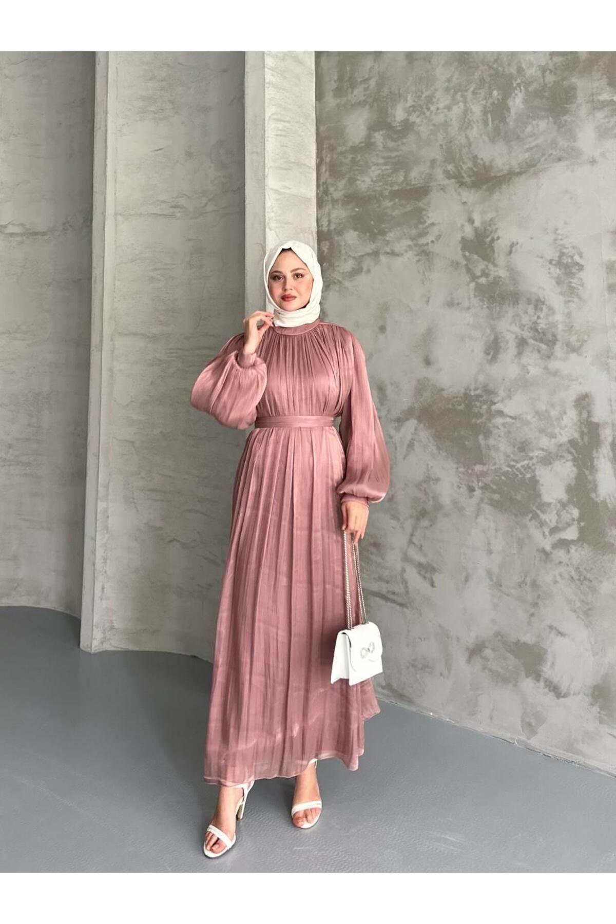 Cardella Premium Kalite Full Pliseli Organze Abiye Elbise Tesettür Uyumlu Pliseli Abiye Elbise