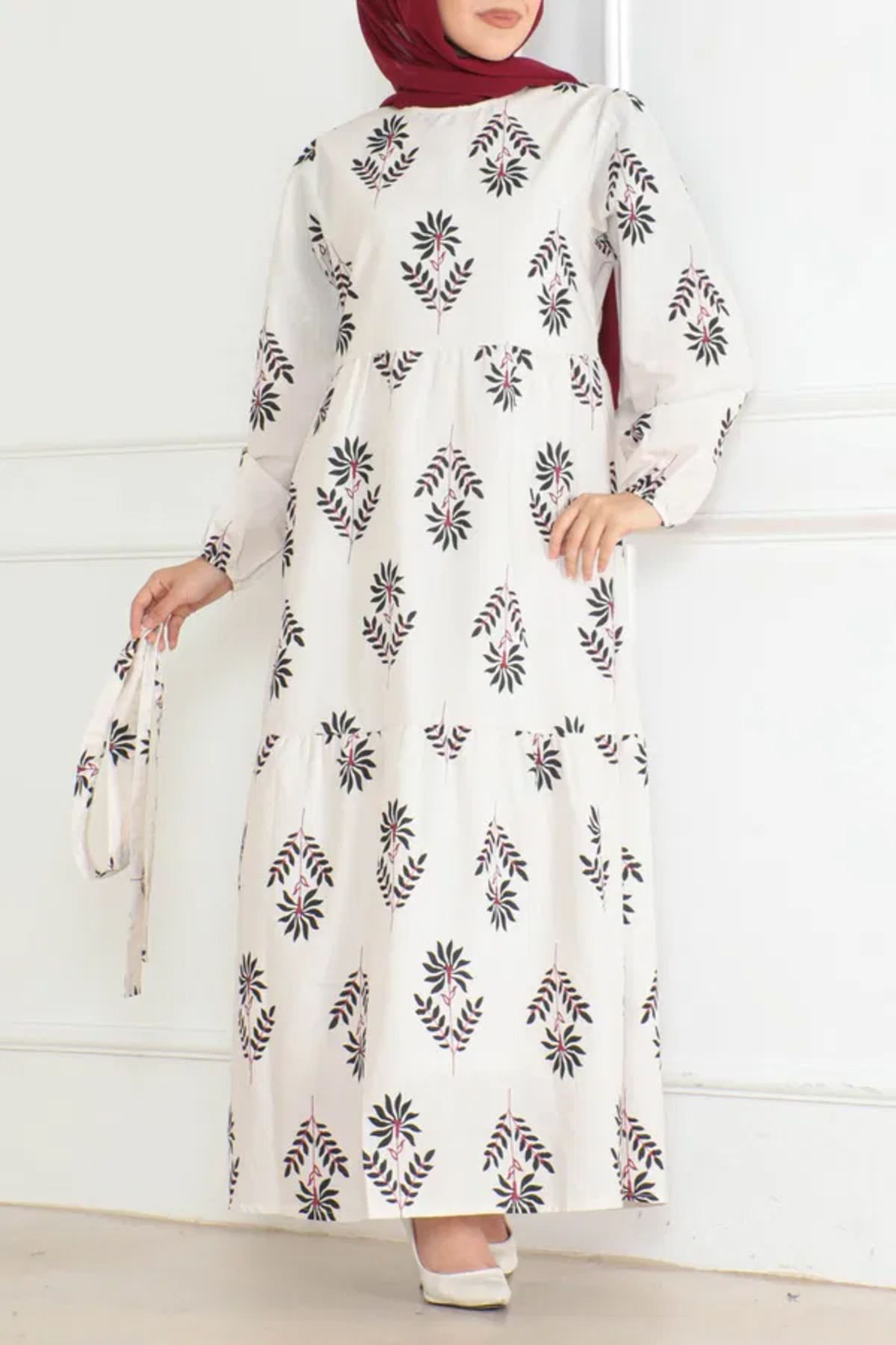 Butik Düz Orta Kadın Ekru Desenli Kolu Büzgülü Elbise - 26623