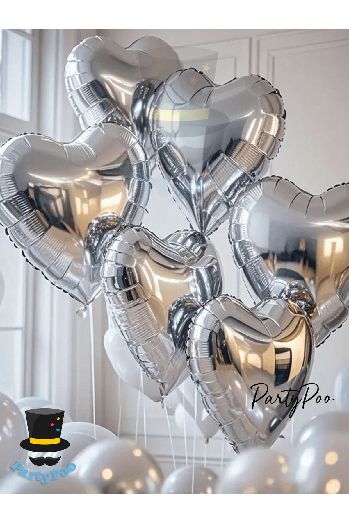 PartyPoo Gümüş Kalp Folyo Balon Seti 3 Adet Doğum günü Bride To Be Balonları