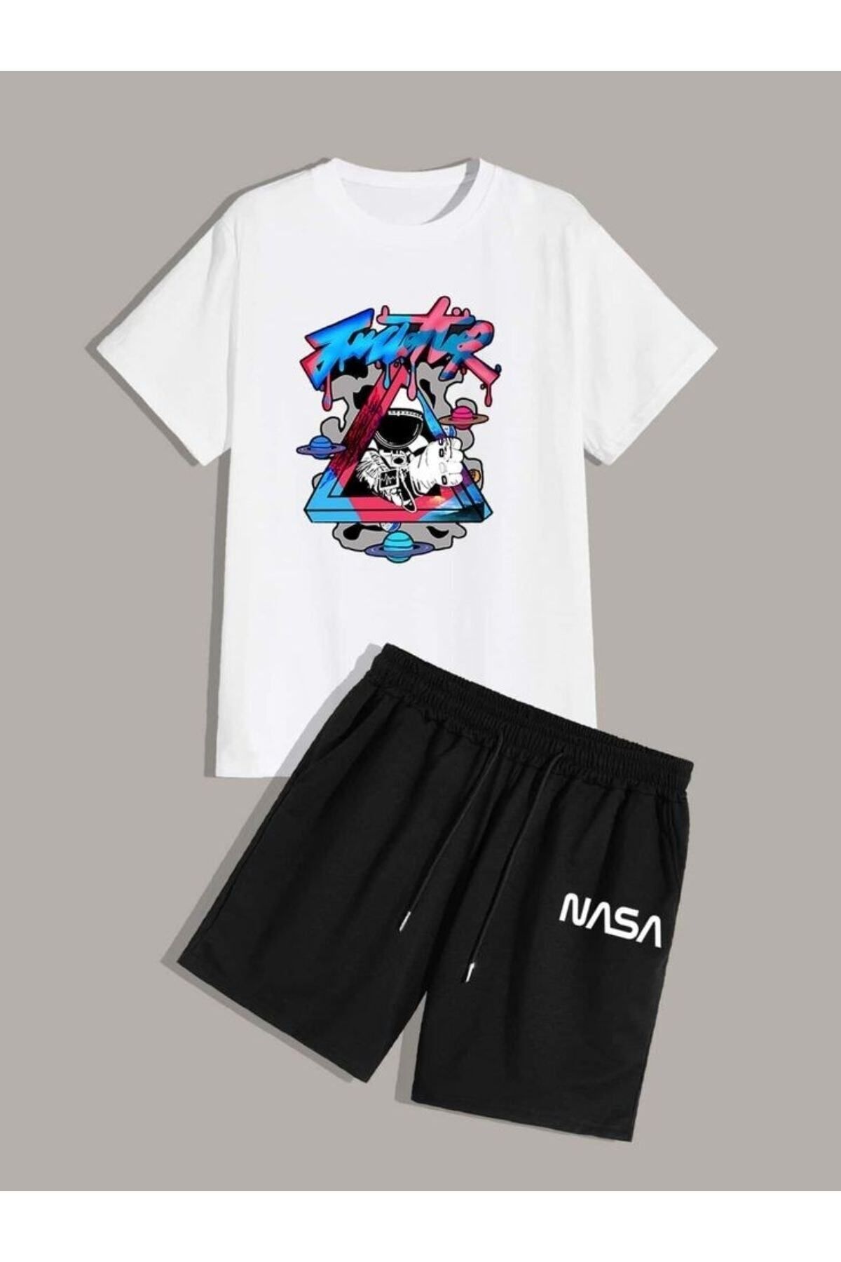 GIANTSTORE Erkek Siyah Nasa Baskılı Şort Takım