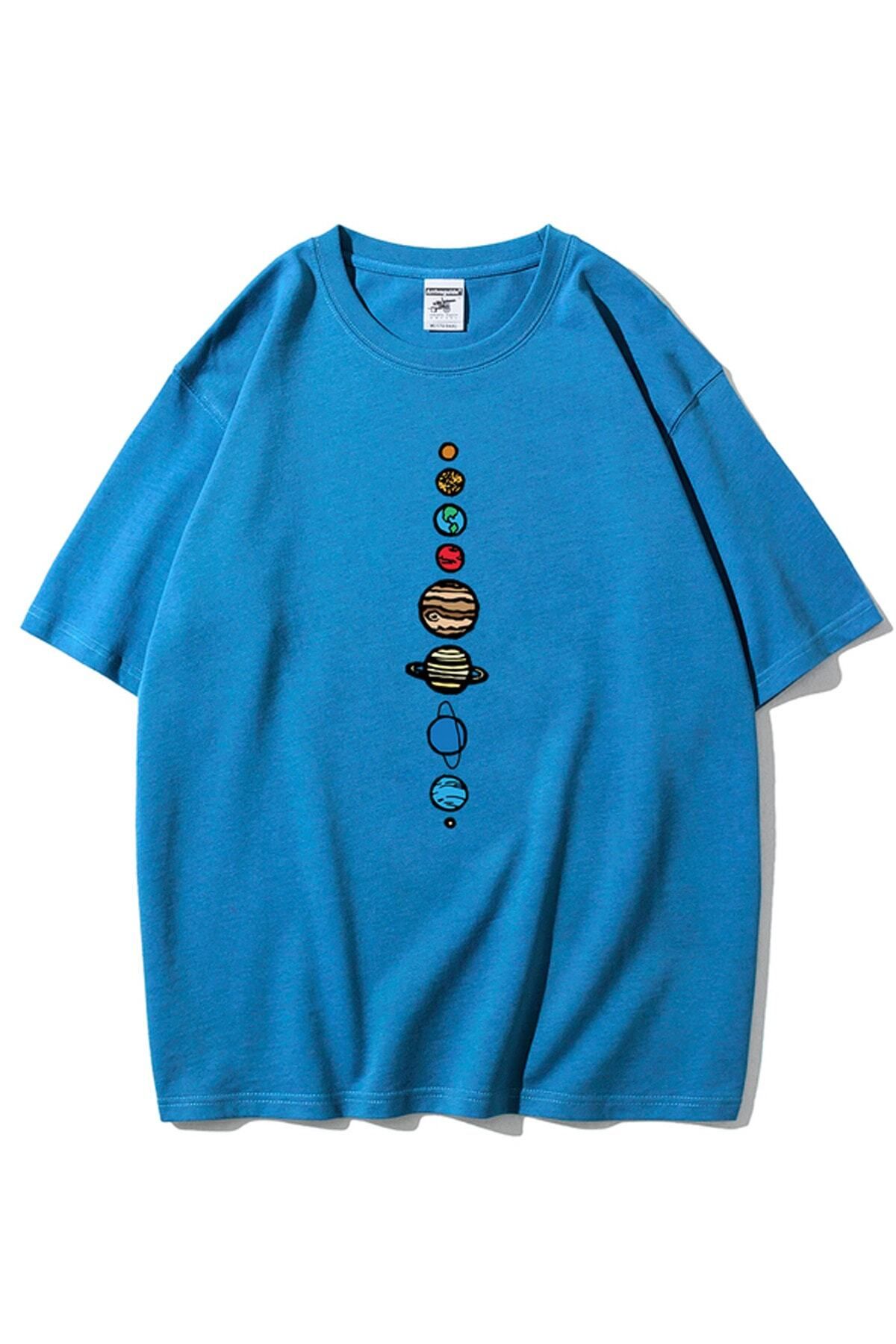 GIANTSTORE Unisex Mavi 9 Gezegen Baskılı Oversize Bisiklet Yaka Tshirt