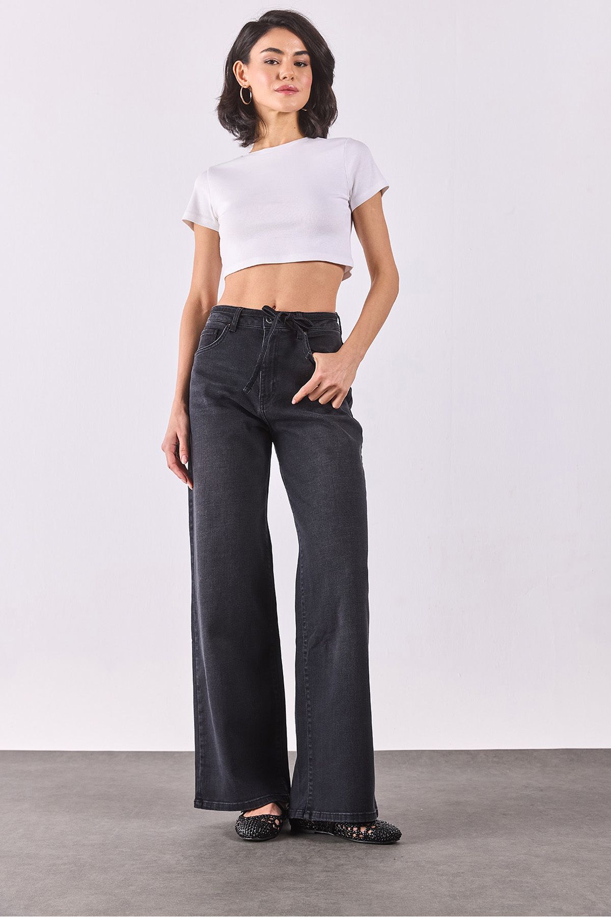 VENA Sydney Kemer Detaylı Black Wide Leg Jean Pantolon - BLACK