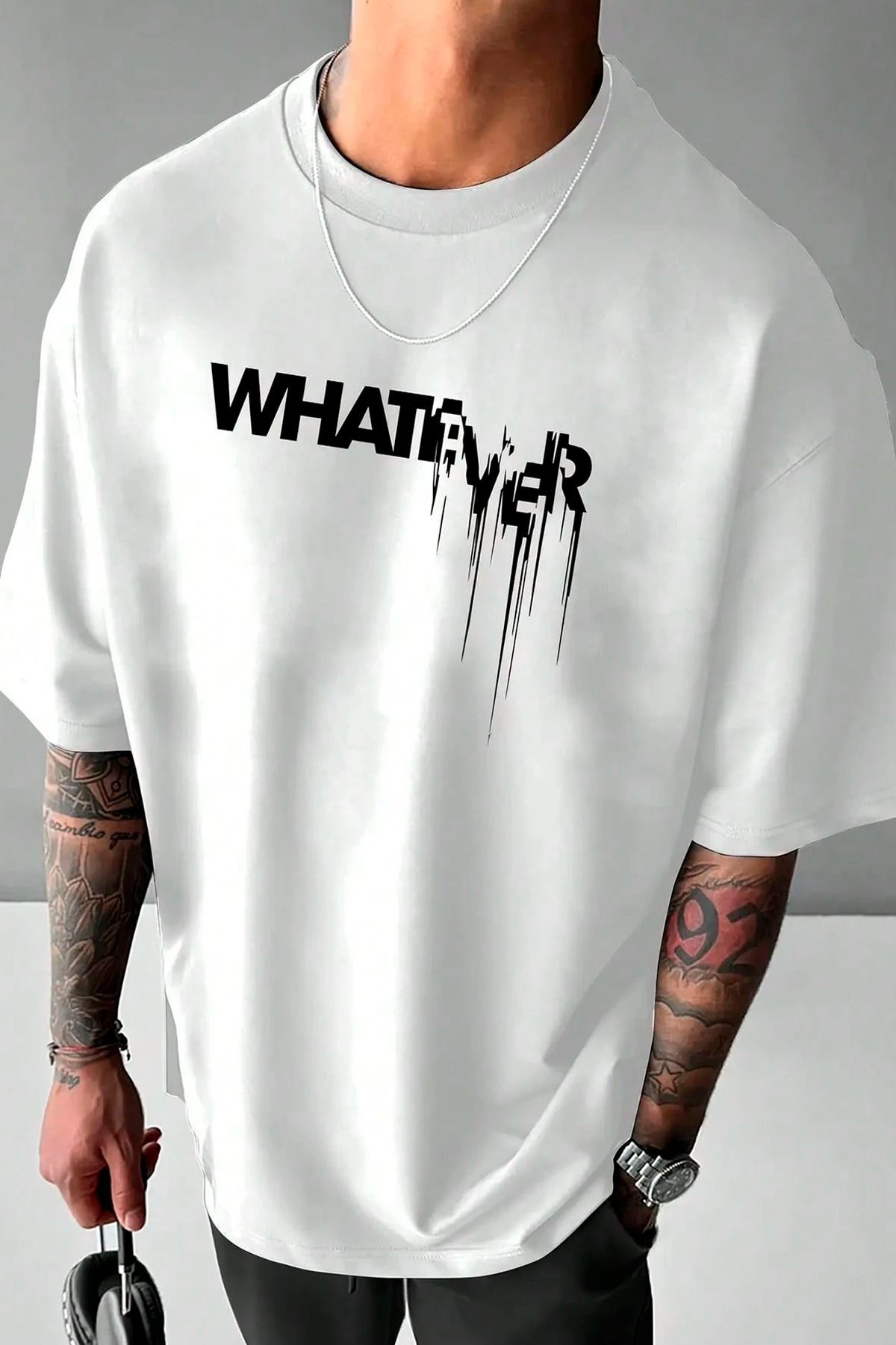 GIANTSTORE Whatever Baskılı Oversize Bisiklet Yaka Erkek Beyaz T-shirt