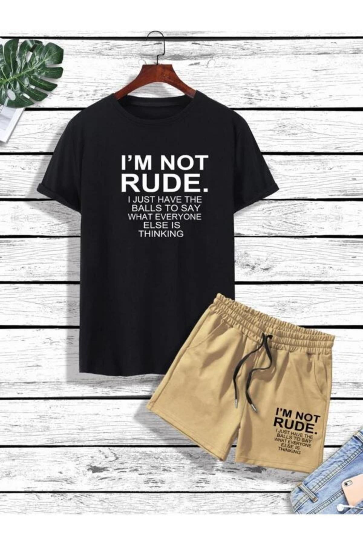 GIANTSTORE Erkek Siyah I'm Not Rude Baskılı Şort Takım