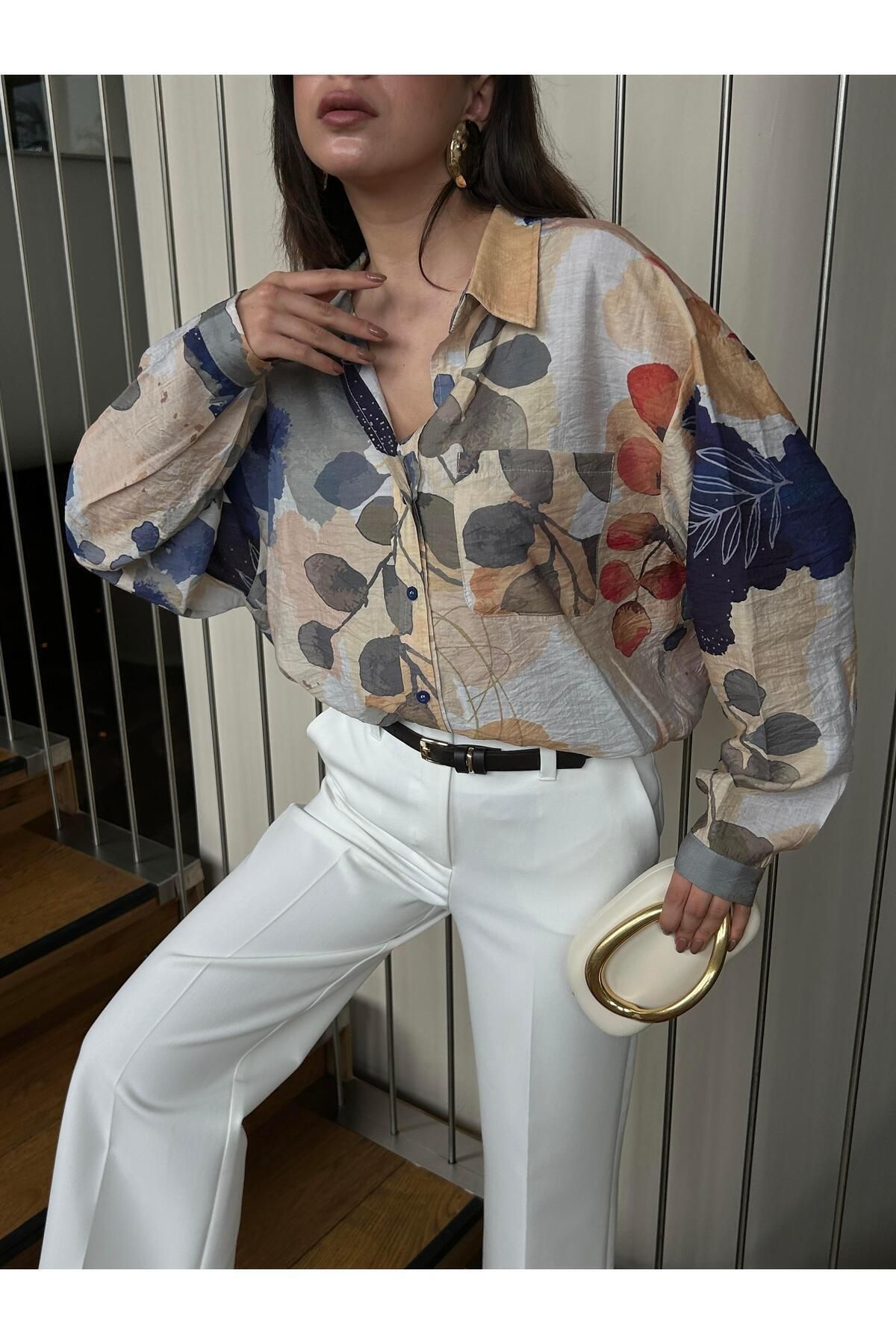 minaaise Kadın Mavi Mango Kumaş Desenli Cepli Oversize Gömlek 29084