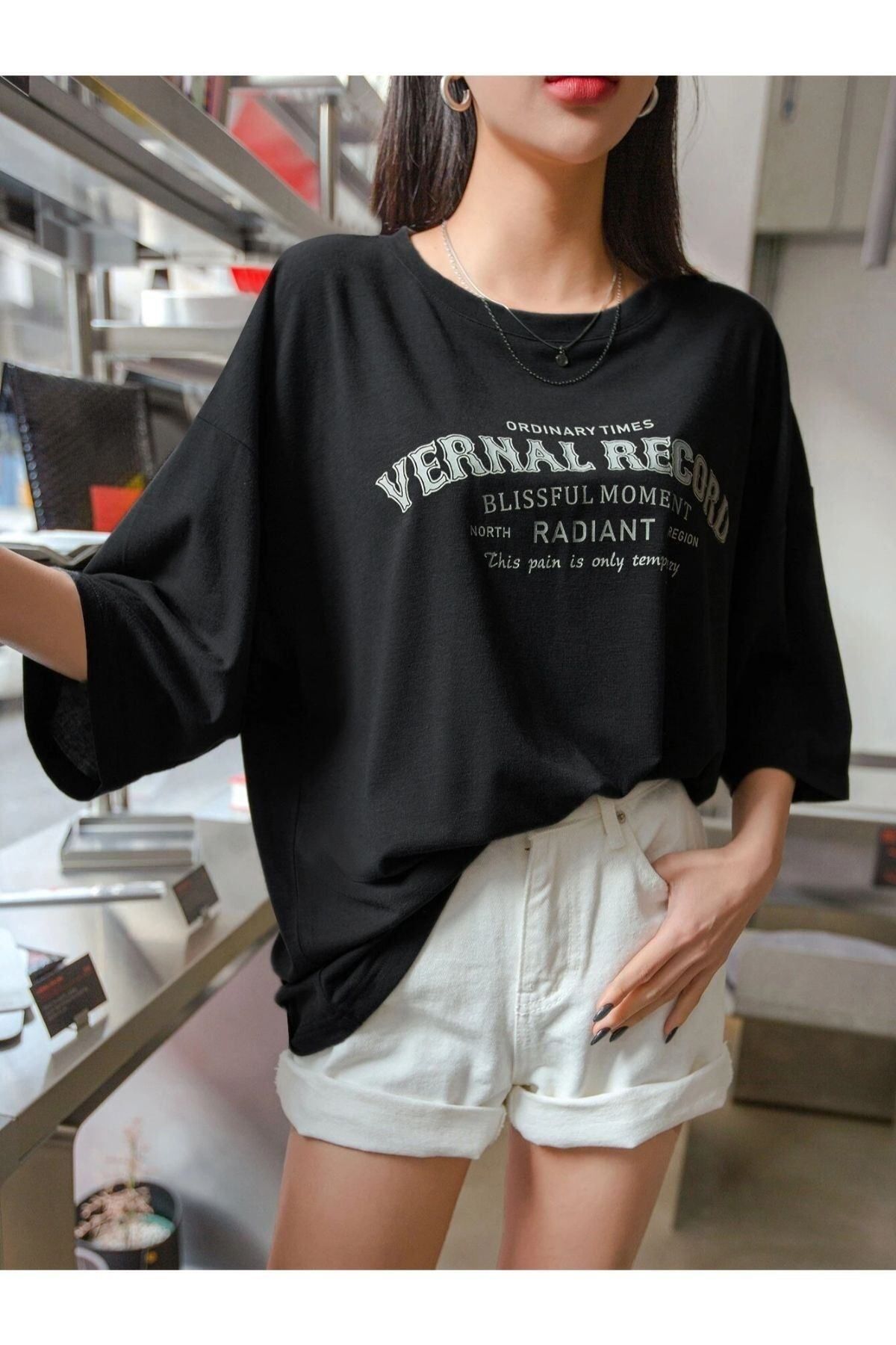 GIANTSTORE Kadın Siyah Vernal Baskılı Oversize Bisiklet Yaka Tshirt