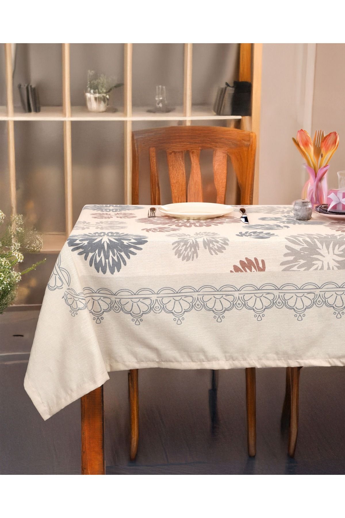 KATRE HOME 160x220 cm Keten Görünümlü Desenli Masa Örtüsü – Leke Tutmaz, Şık ve Dayanıklı