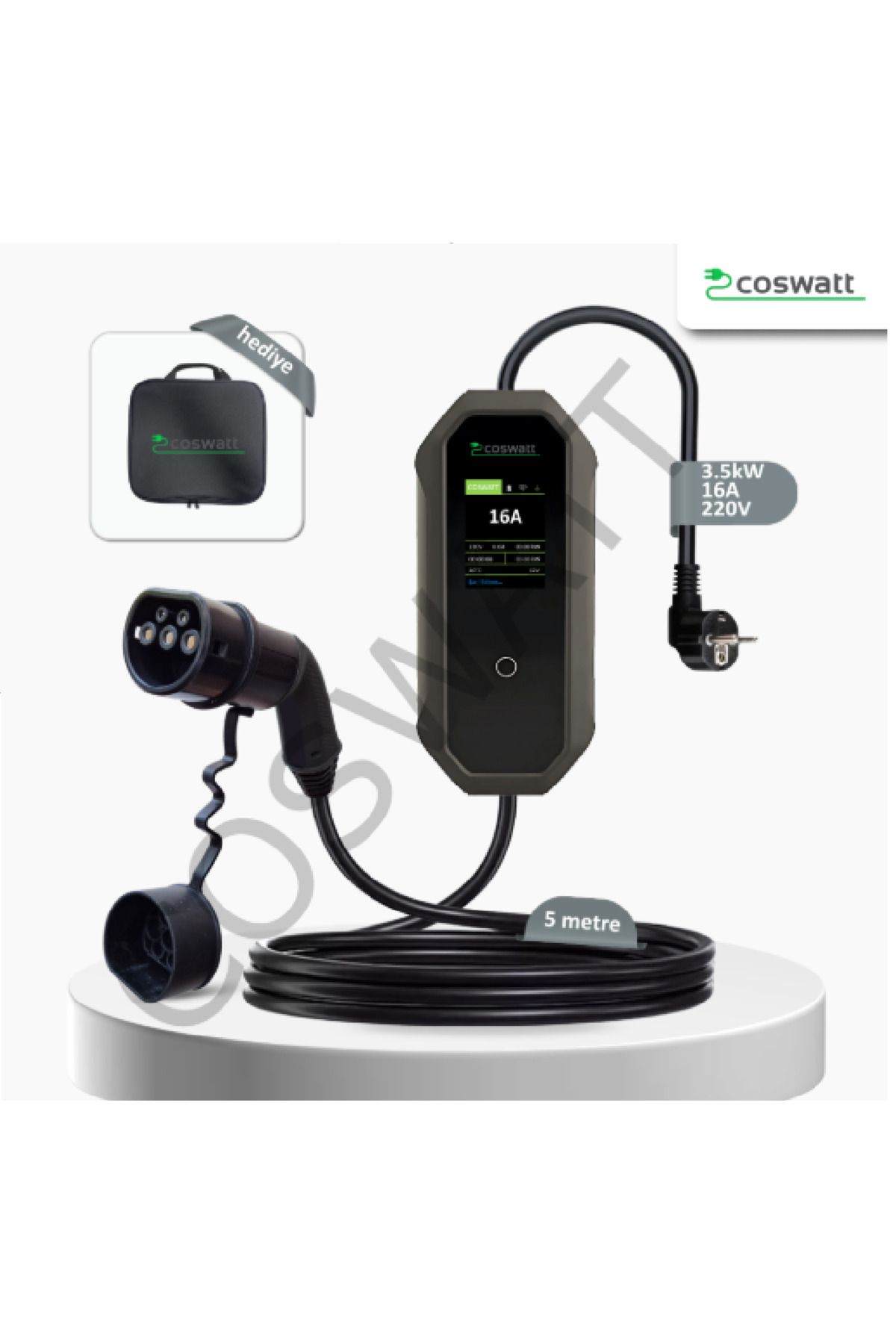 Mayuk Dizayn Coswatt Taşınabilir Elektrikli Araç Şarj Cihazı 16A 3,5kW Monofaze 5M(TÜRKÇE MENÜ)ve Taşıma Çantası
