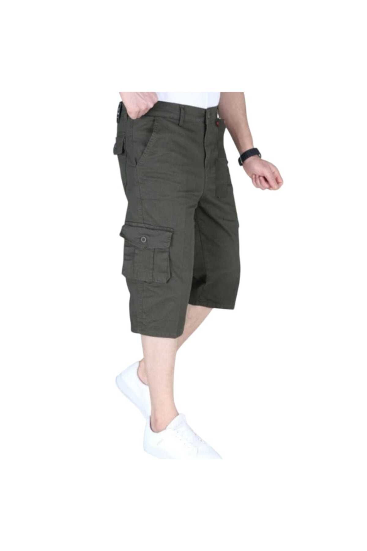 TRS YB GİYİM Haki Erkek Slim Fit Kapri Likralı Gabardin/kanvas Kargo Cepli Bermuda Diz alt