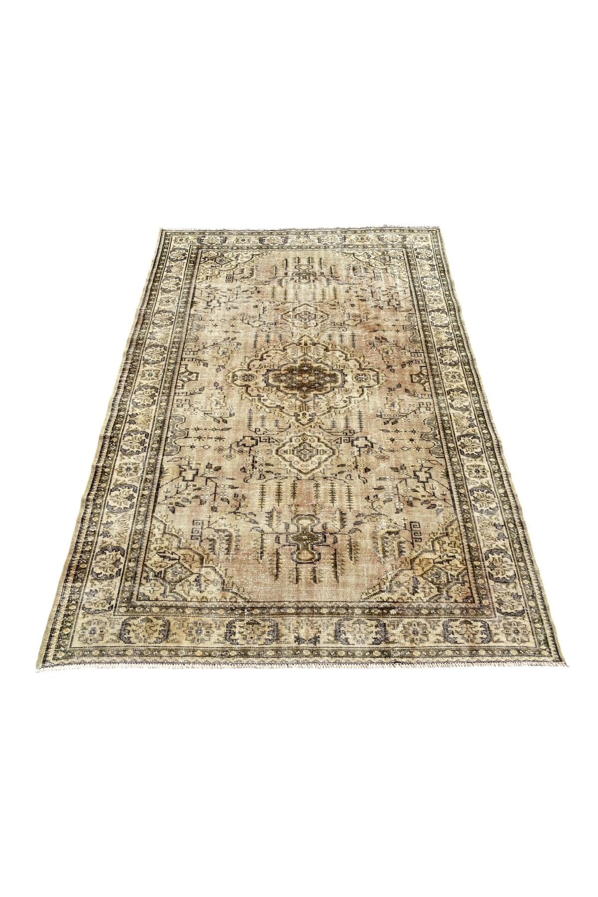 BURAK HALI El Dokuma Vintage Eskitme Halı 200x285 Krem Yeşil Yün Salon Halısı