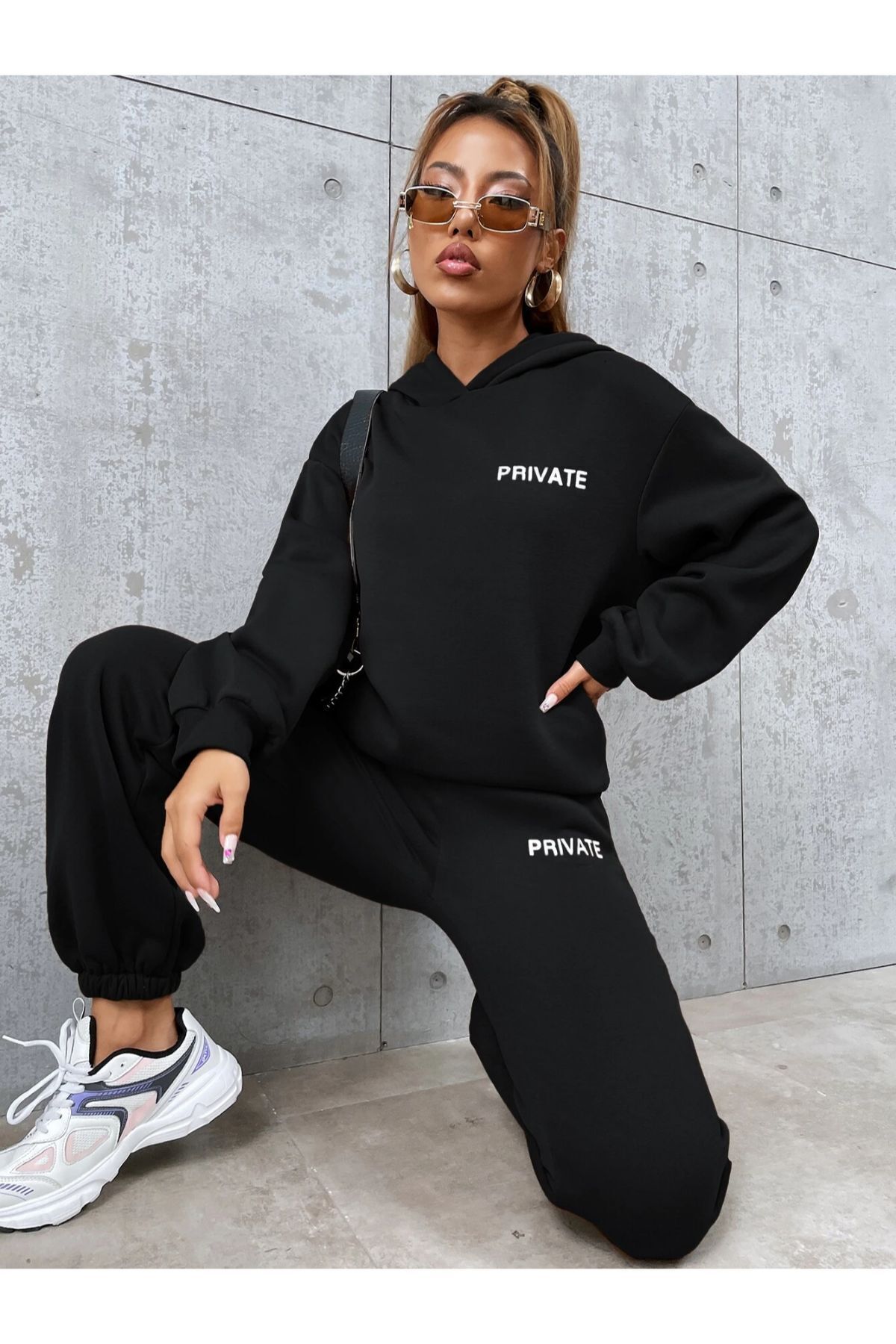 GIANTSTORE Kadın Siyah Private Baskılı Oversize Kapüşonlu Alt Üst Takım