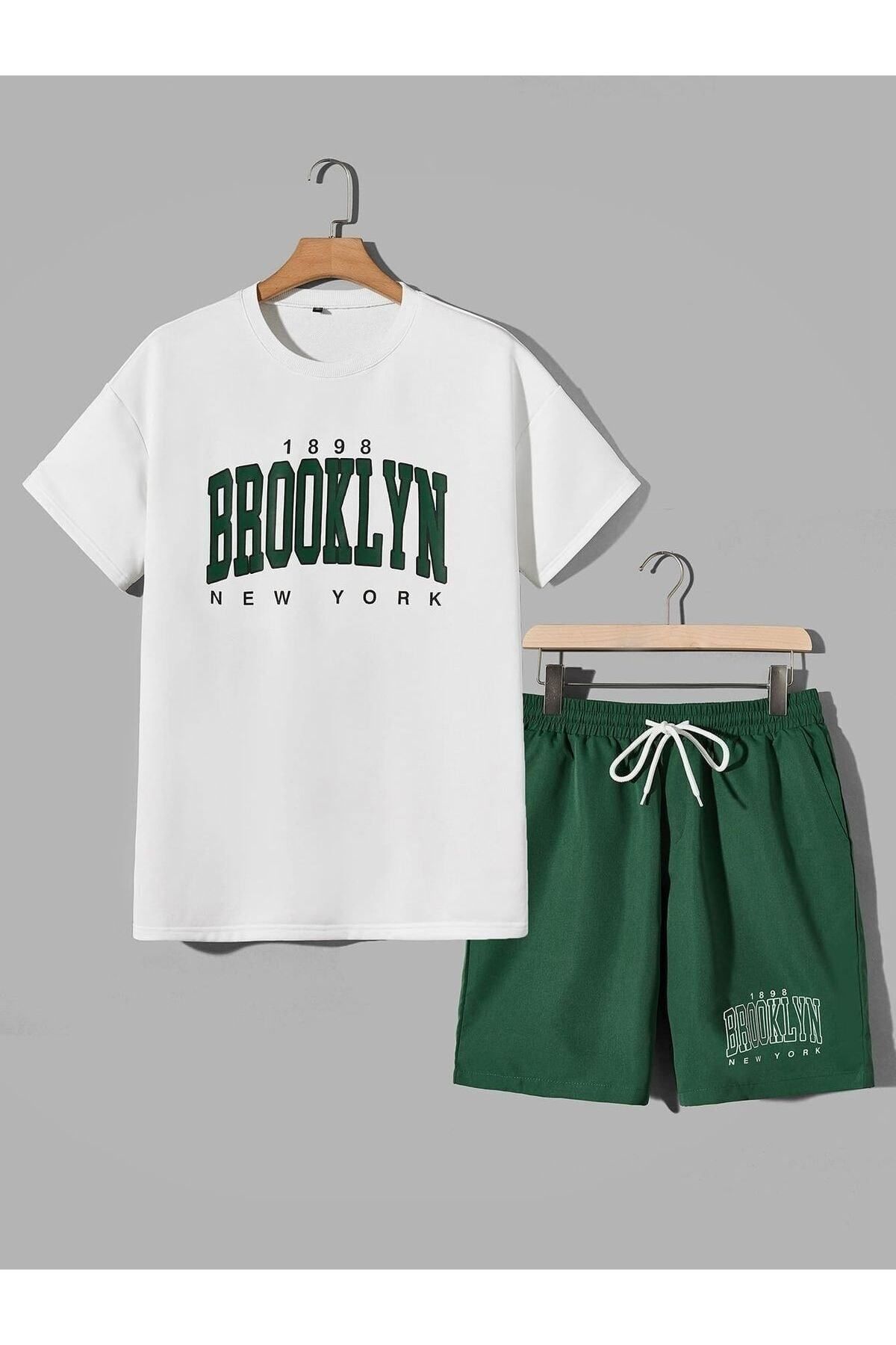 GIANTSTORE Erkek Yeşil Ovesize Brooklyn Baskılı Kısa Kollu Tişör Şort Takım
