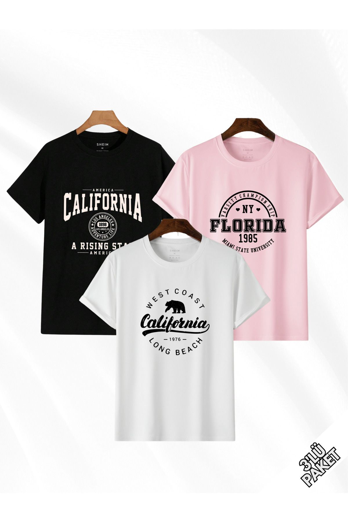 Llanura Çocuk Unısex California Florida Baskılı Oversize 3'lü Paket Tshirt