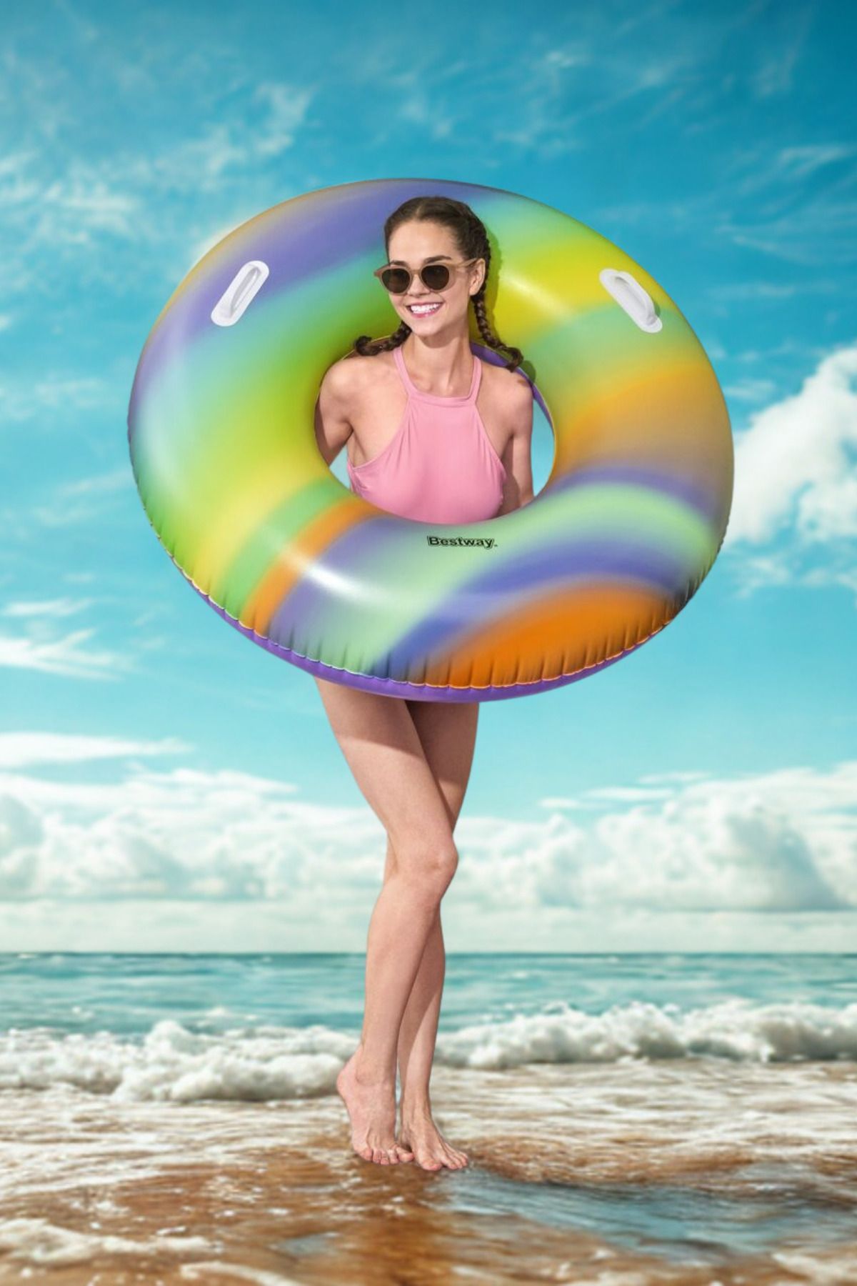 TUENGİ STORE 12+ Yaş Rengarenk Dev Boy Tutunmalı Gökkuşağı Simit Şişme Deniz Havuz Simidi 119 cm