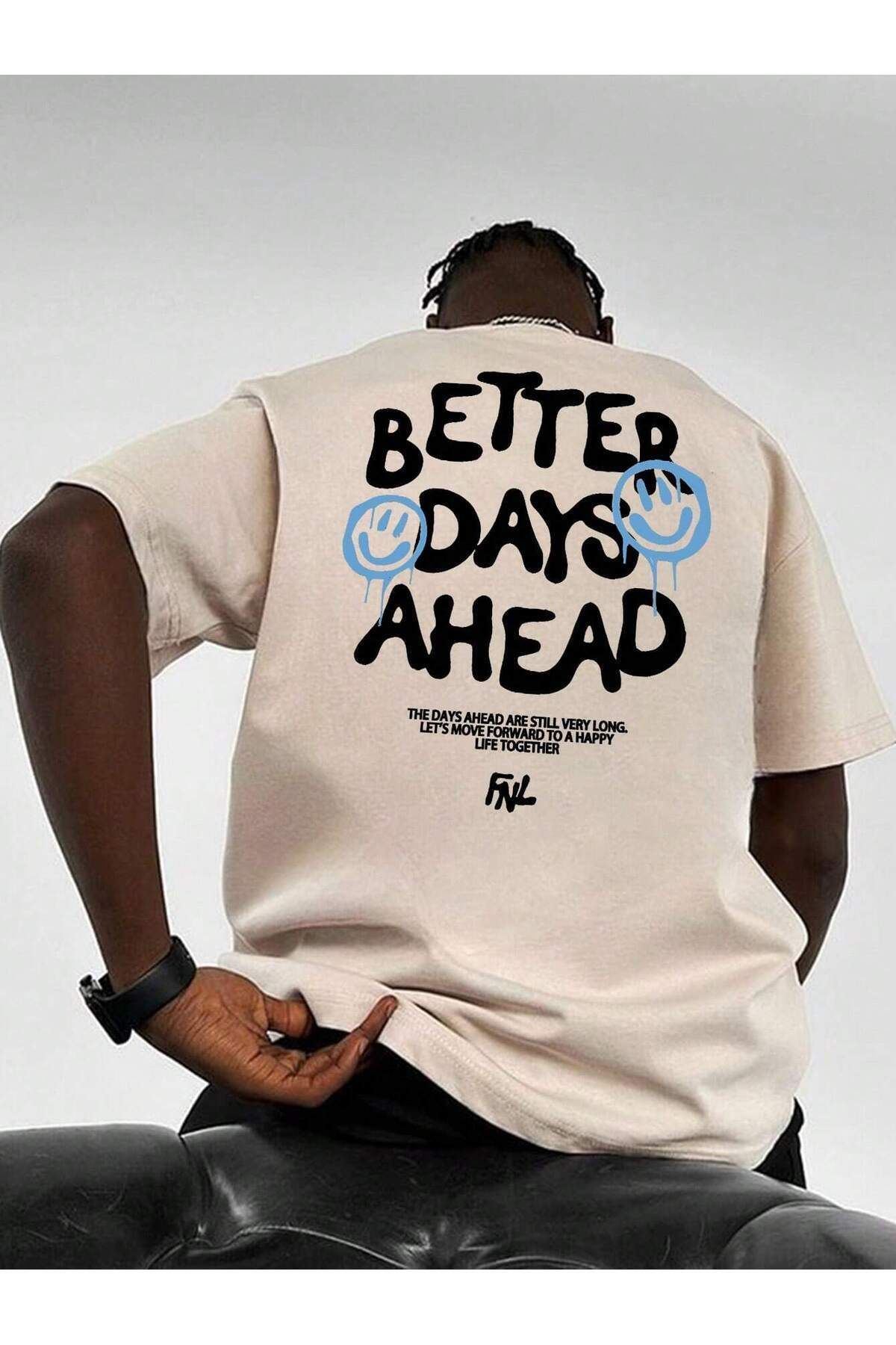 GIANTSTORE Erkek Bej Better Days Ahead Baskılı Oversize Tshirt