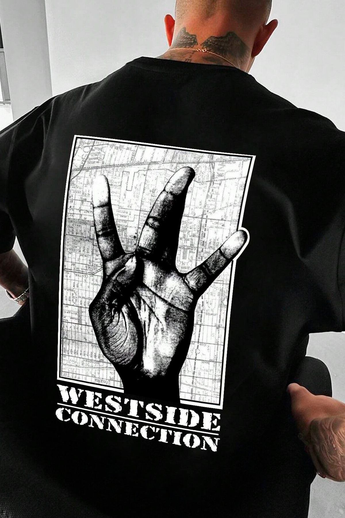 GIANTSTORE Westside Baskılı Oversize Bisiklet Yaka Erkek Siyah T-shirt