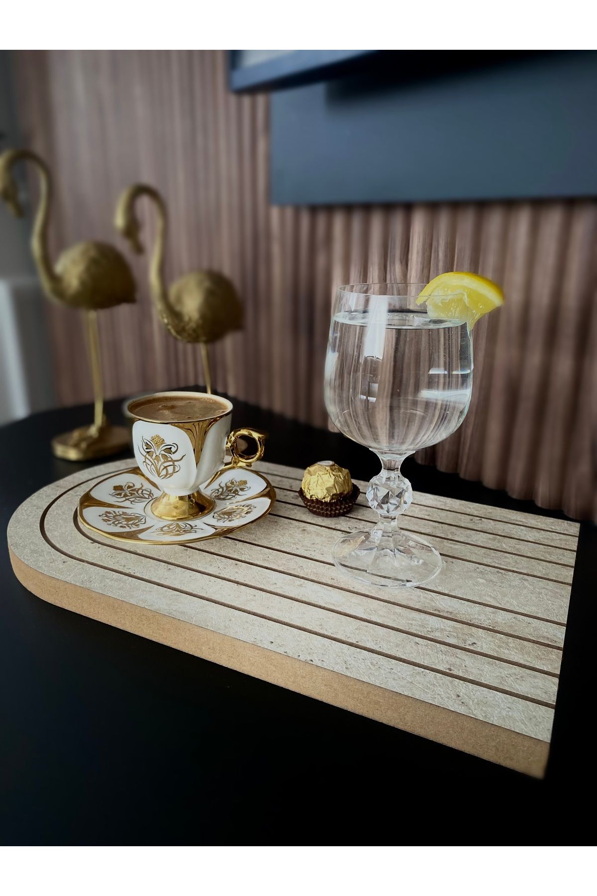 DMDeco Lux Mermer Desenli MDF Kahve Sunum Tepsisi