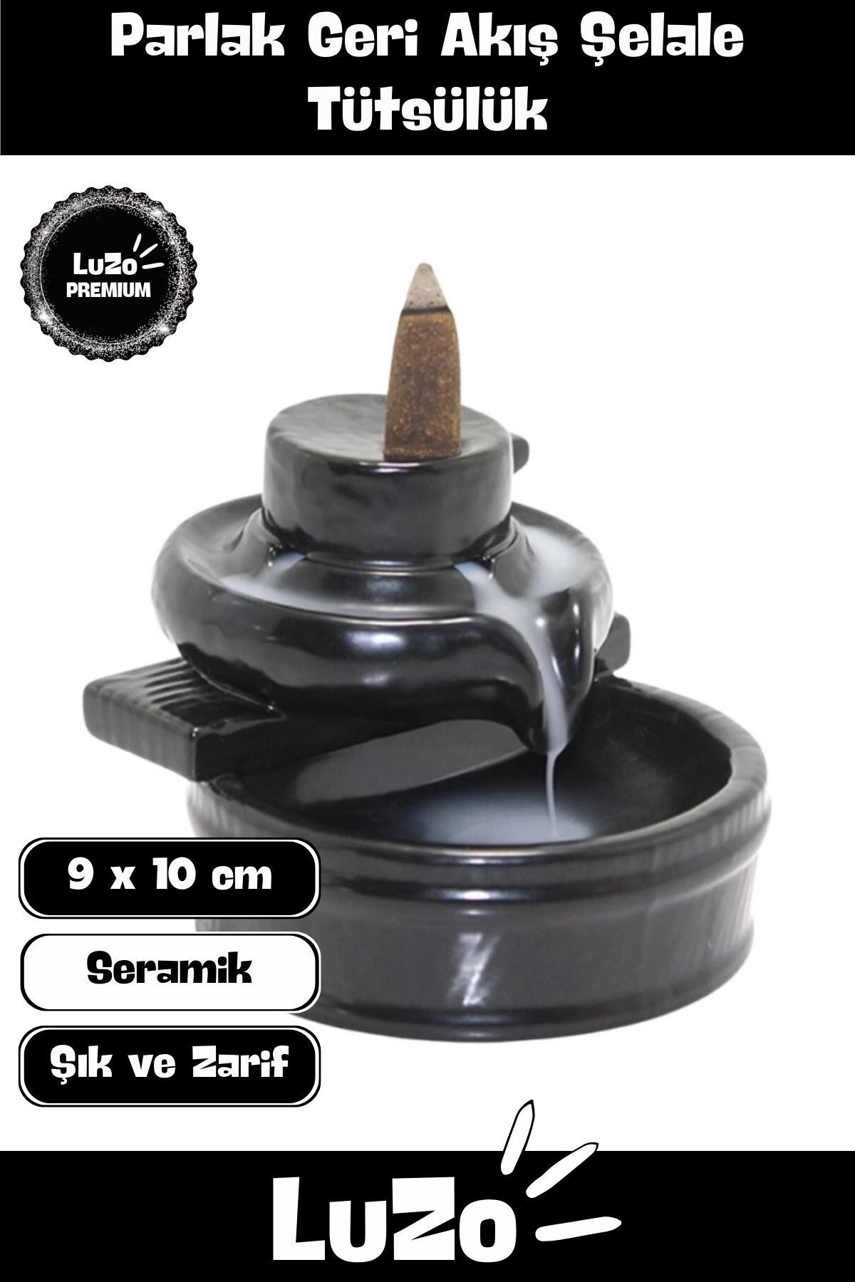LuZo Premium Seri Dekoratif Şık Parlak Seramik Şelale Geri Akış Tütsülük & Oda Kokusu Biblo 9 x 10 cm