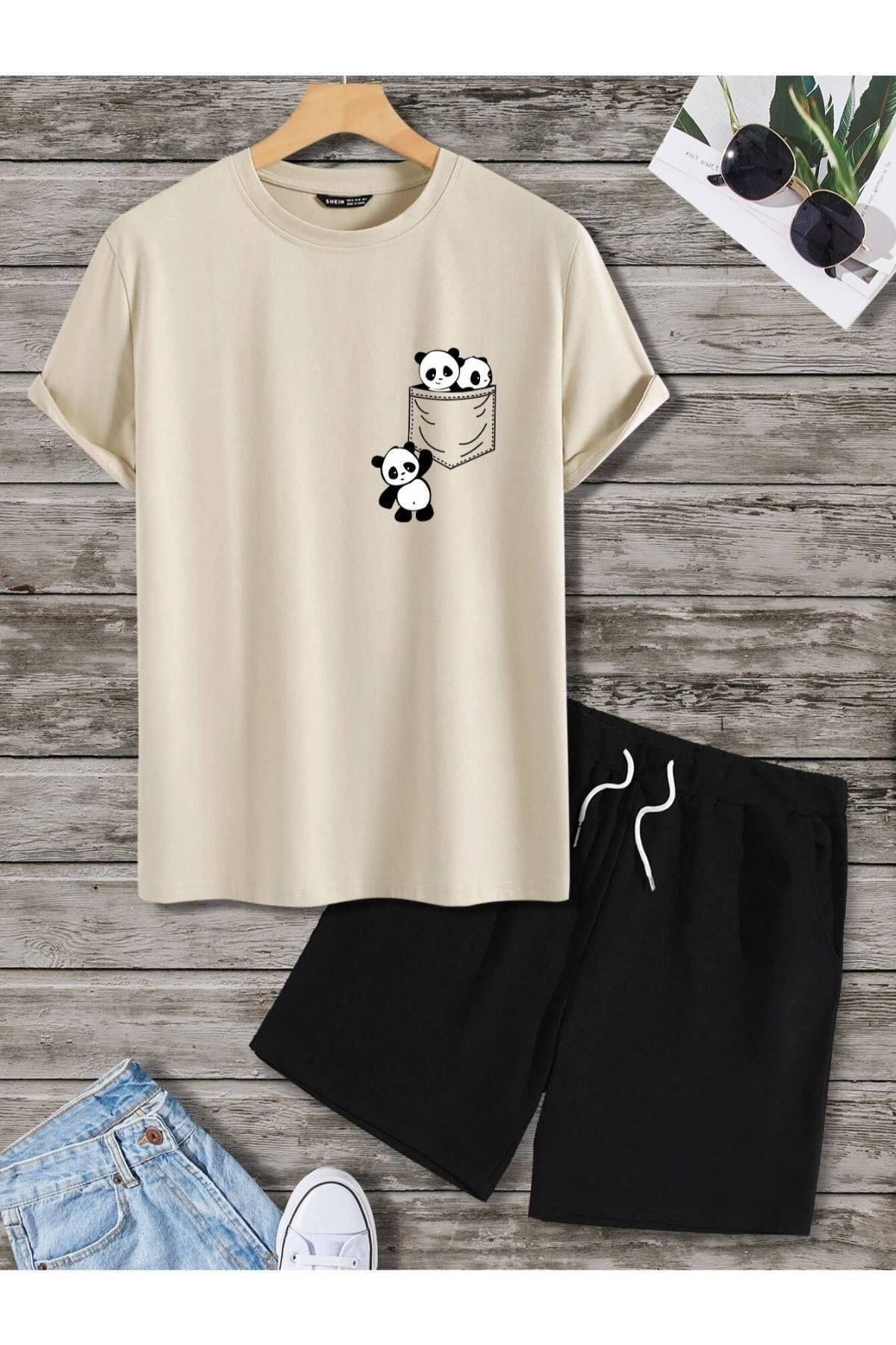 GIANTSTORE Unisex Siyah Panda Baskılı Şort Takım