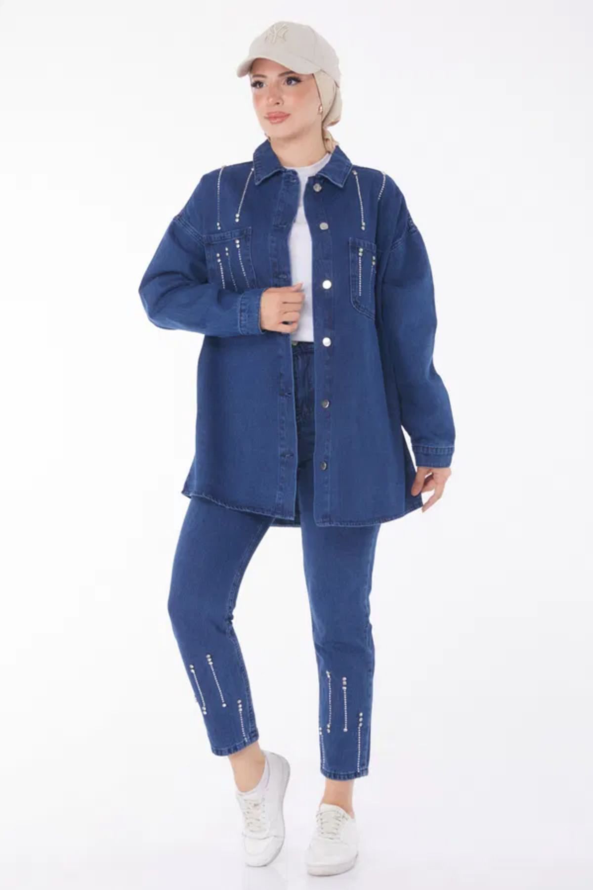 Butik Düz Gömlek Yaka Kadın Mavi Taş Detaylı İkili Takım - 25364