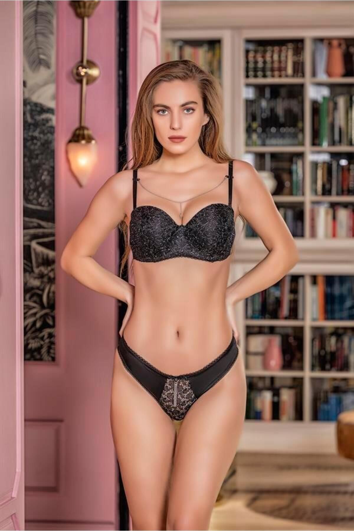 Shop58 Simli Straplez Lotus Sütyen Ve Slip Külot Takım Siyah (Hediye Çantam31541)