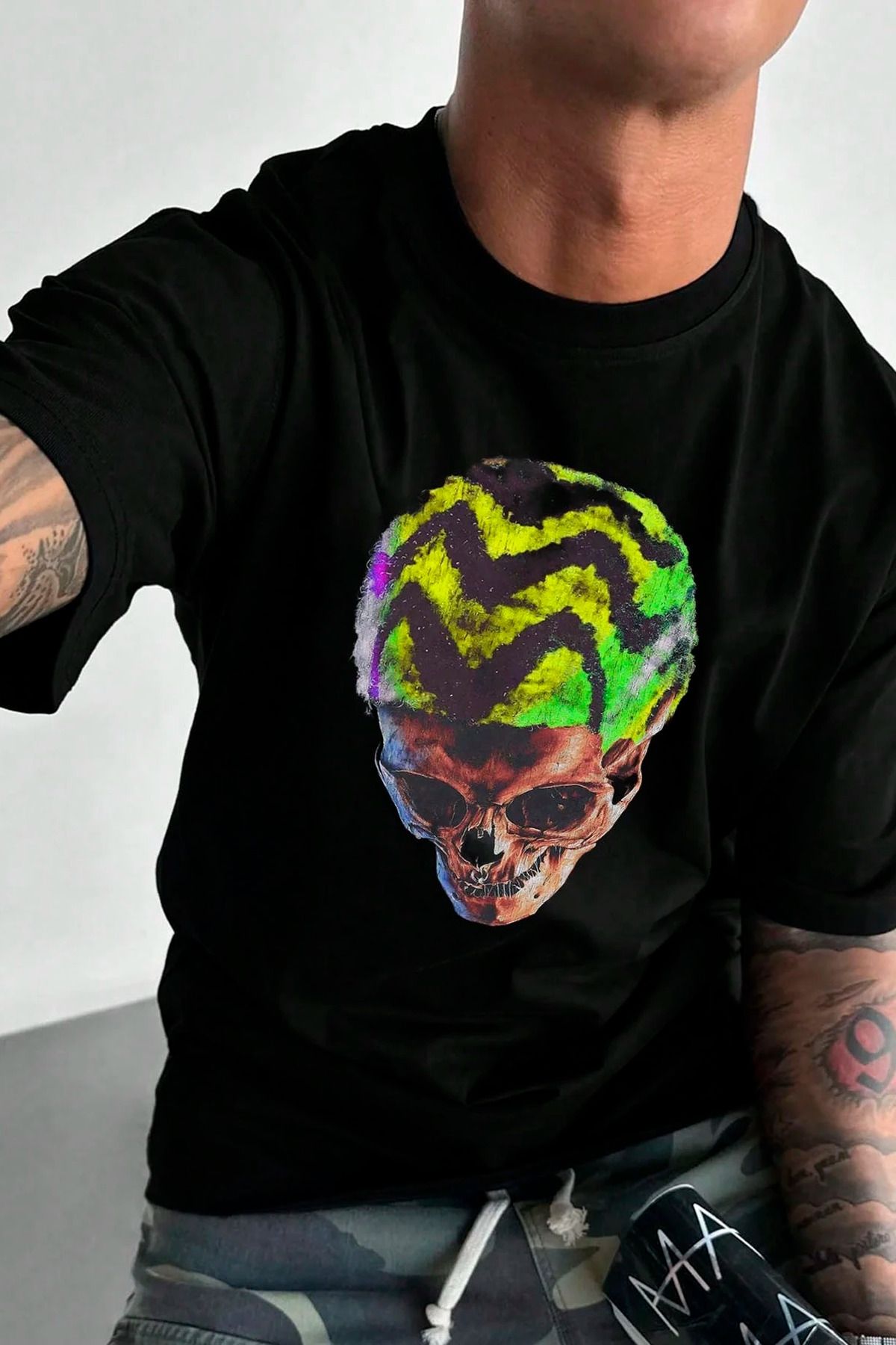 GIANTSTORE Kafatası Baskılı Oversize Bisiklet Yaka Erkek Siyah T-shirt