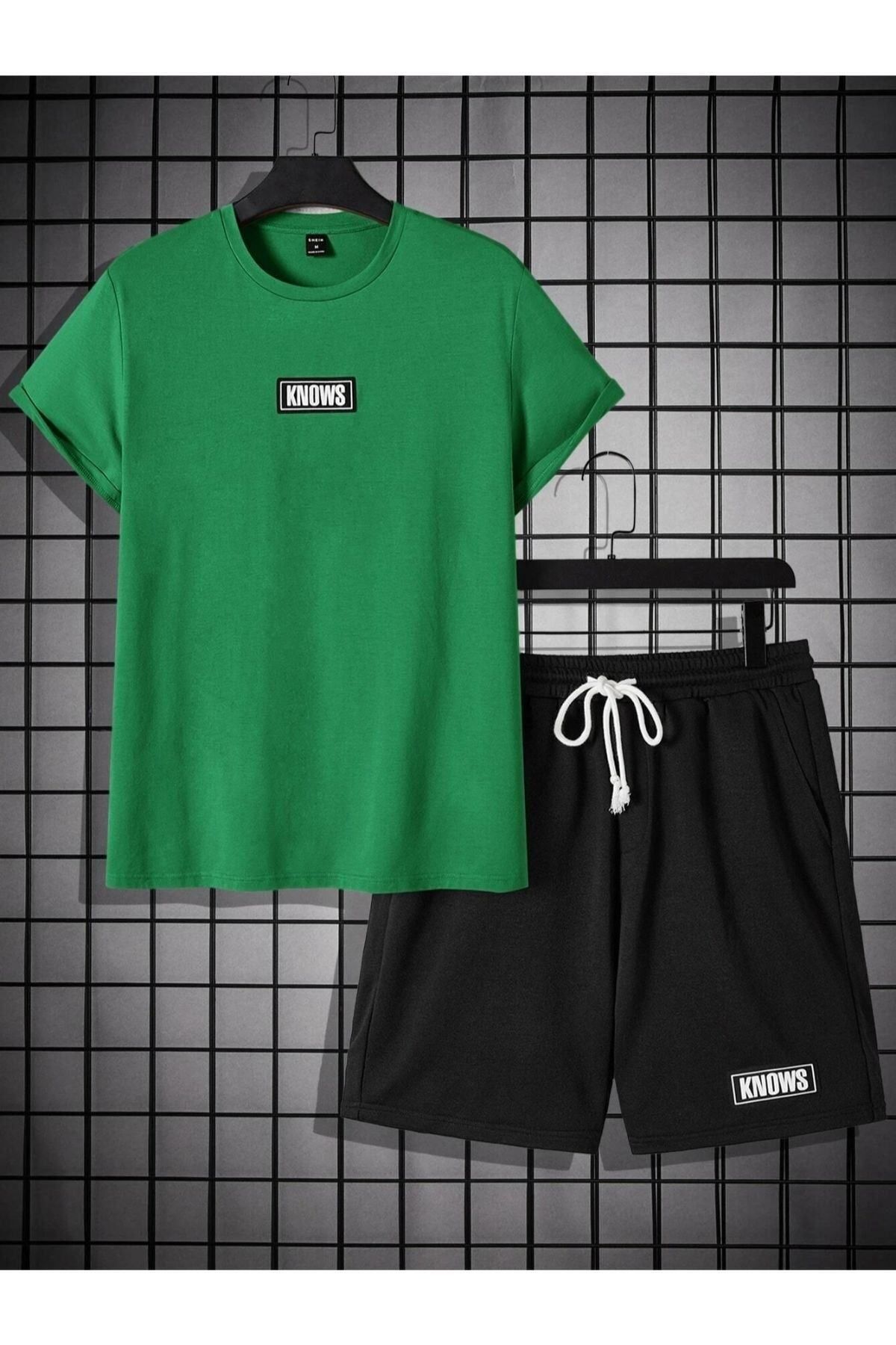 GIANTSTORE Erkek Yeşil Knows Baskılı Şort Takım