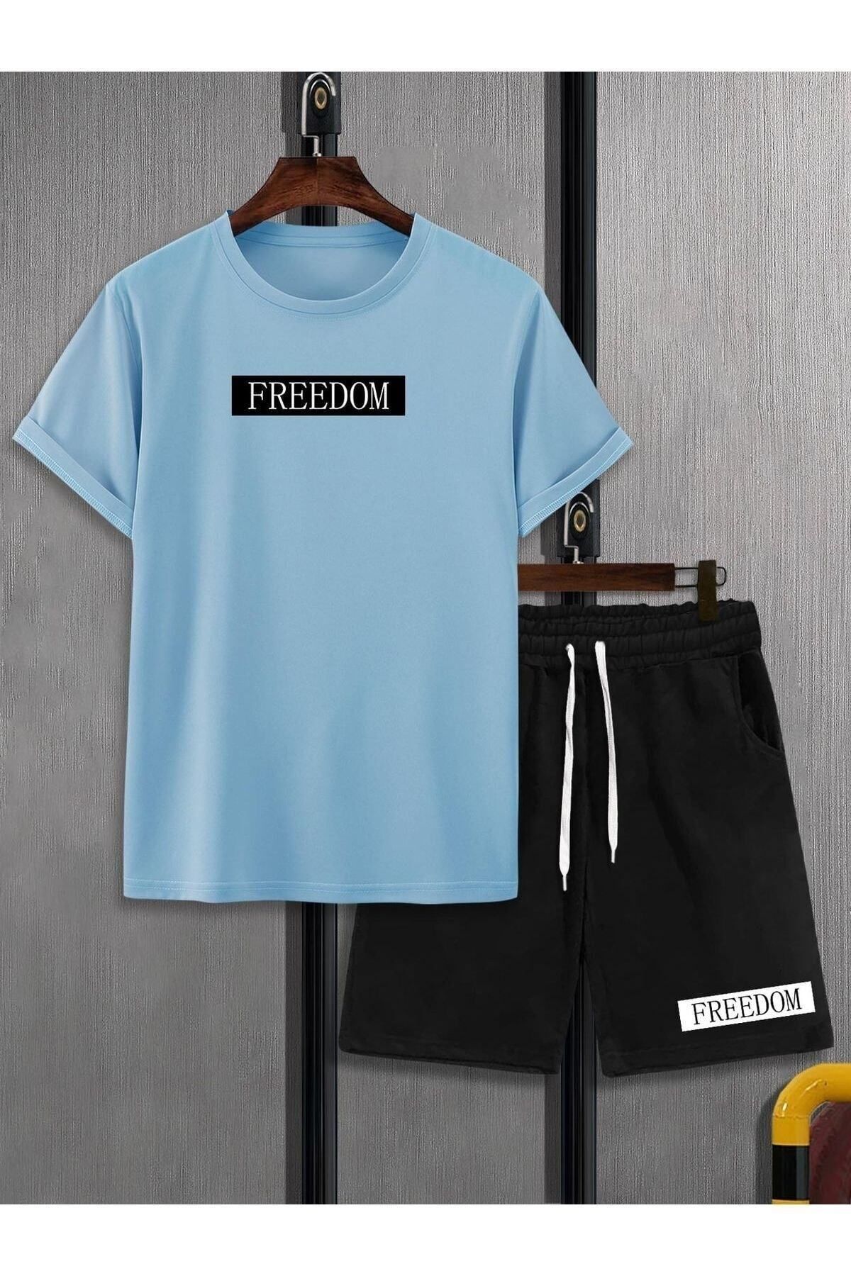 GIANTSTORE Erkek Mavi Freedom Baskılı Şort Takım