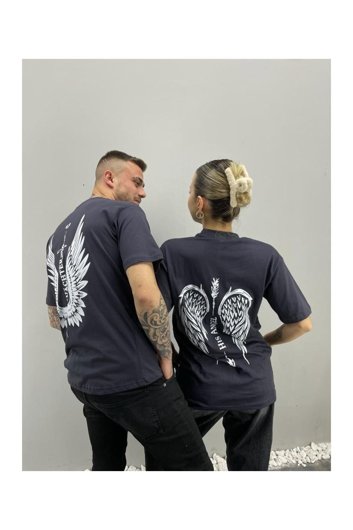 GIANTSTORE Unisex Tshirt Antrasit Melek Kanadı Baskılı Sevgili Çift Kombini 2 'li Set