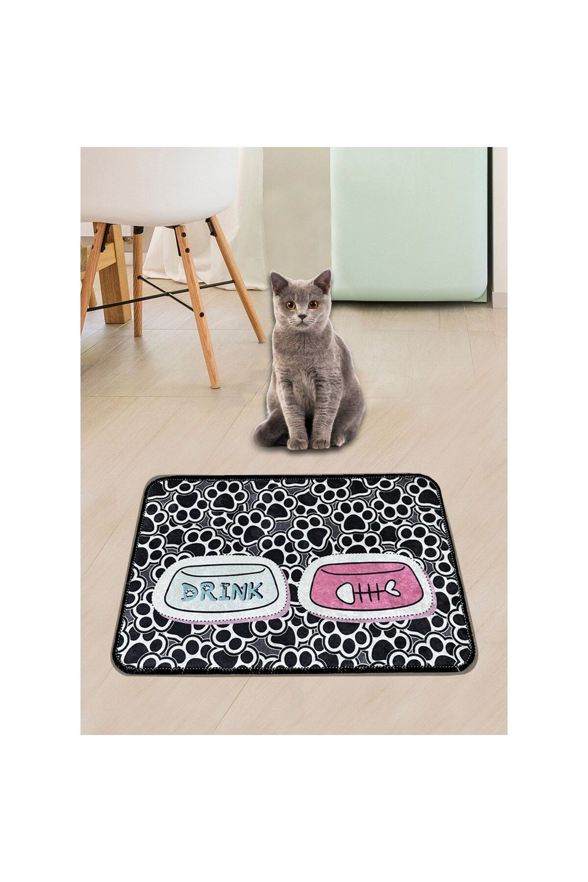 Casaculina Renkli Desenli Kedi Mama Altlığı, Su Mama Matı Su Geçirmez Kaymaz Yıkanabilir Kedi Matı 60x39cm