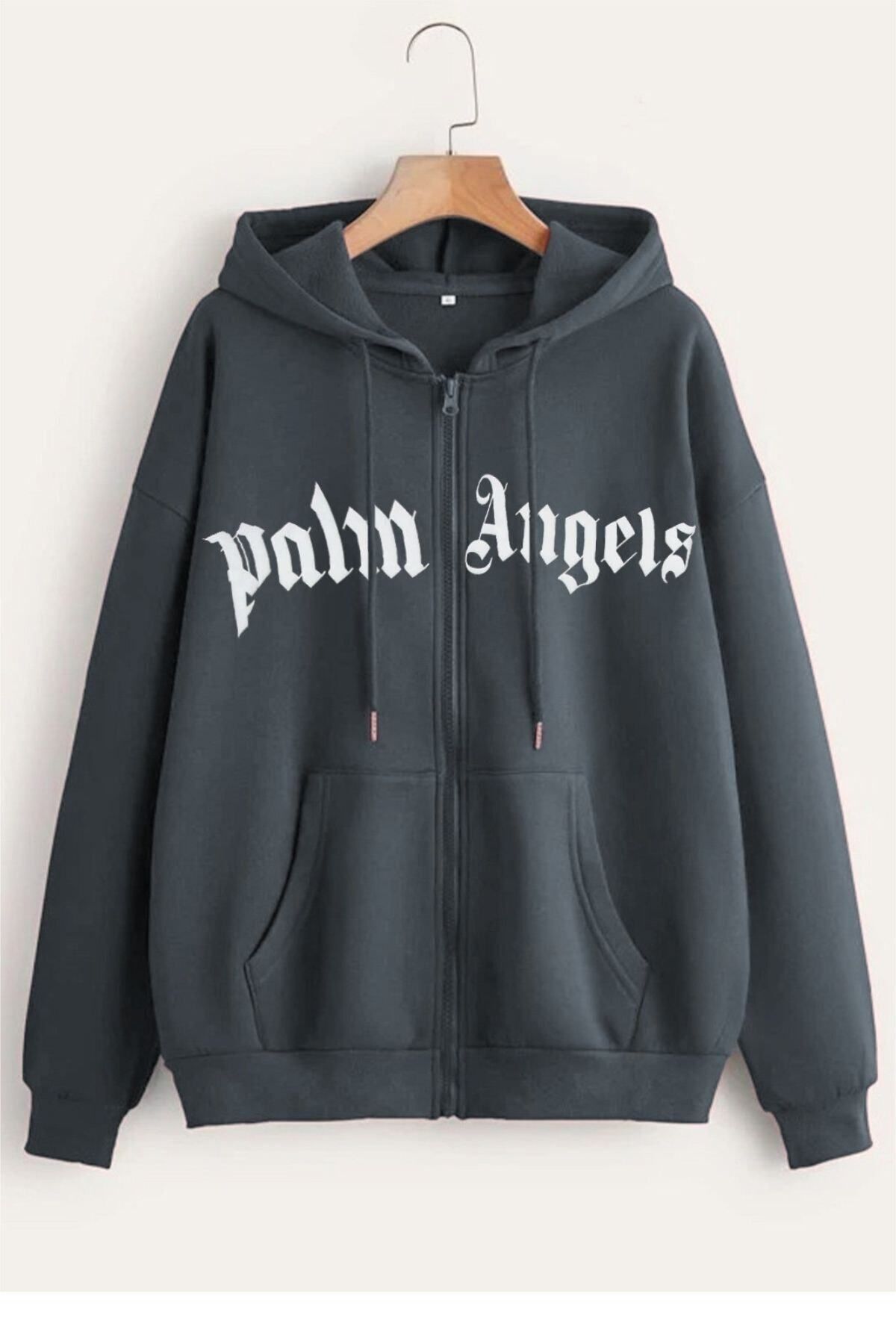 GIANTSTORE Erkek Antrasit Palm Angels Baskılı Kapüşonlu Oversize Ceket